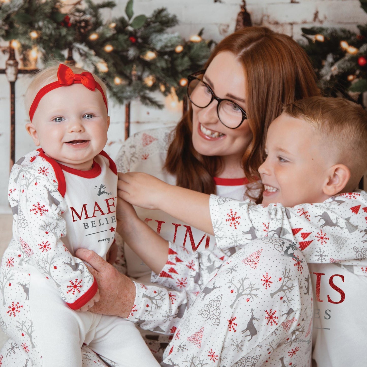 Luxury Believes Red Glitter Adults Christmas Matching Pyjamas, Festive Pattern, Personalised Clothing Set, Tight-fitting style