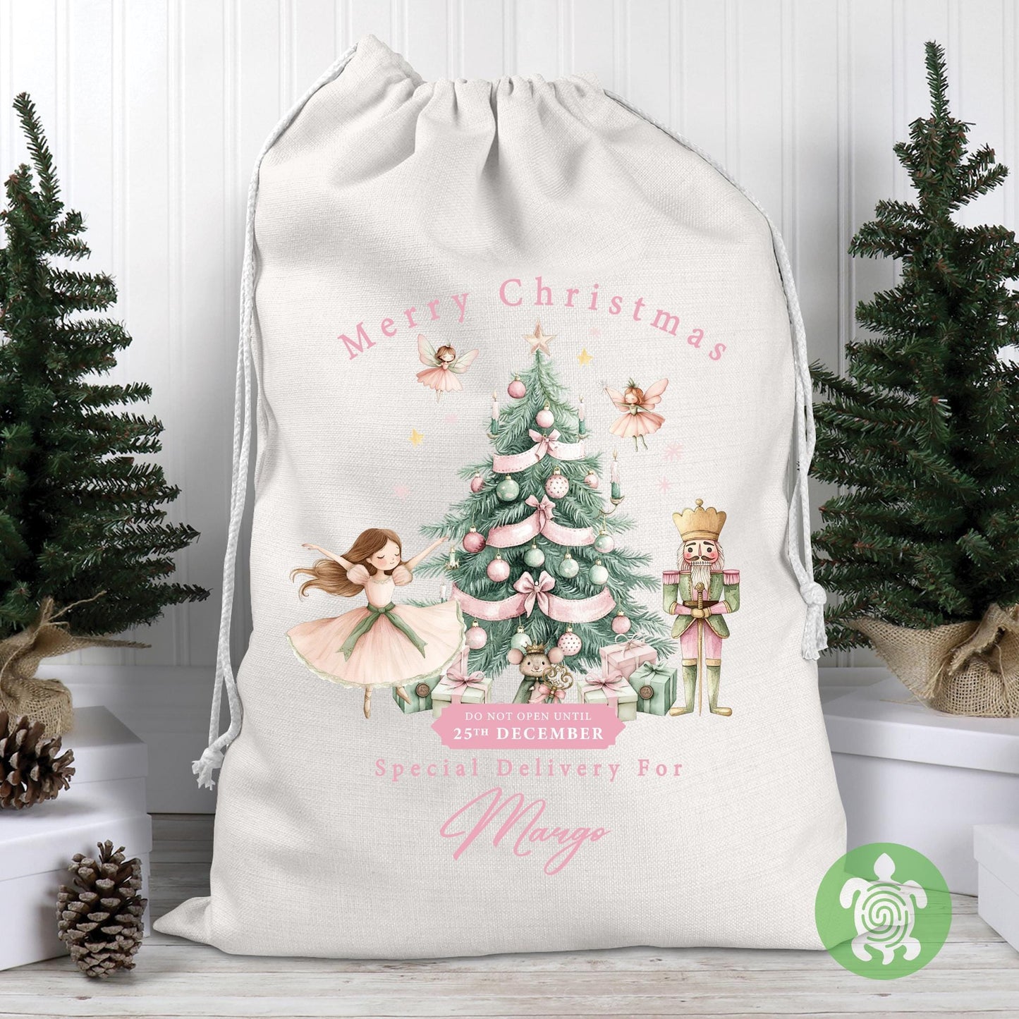 Personalised Christmas Pink Nutcracker Sack, Luxury Recycled cotton Christmas Sack, Christmas Eve Box, 1st Christmas sack, Christmas Eve bag