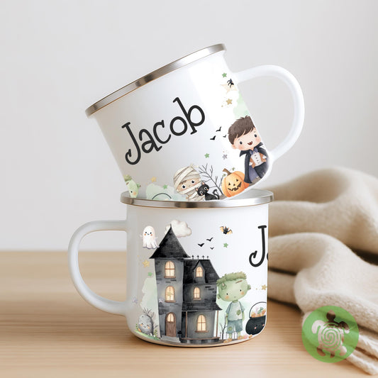 Personalised Kids Halloween Mug, Spooky Gift Idea, Children's Enamel Mug, Halloween Party Favour, Spooky Kids Mug, Halloween Bag Filler