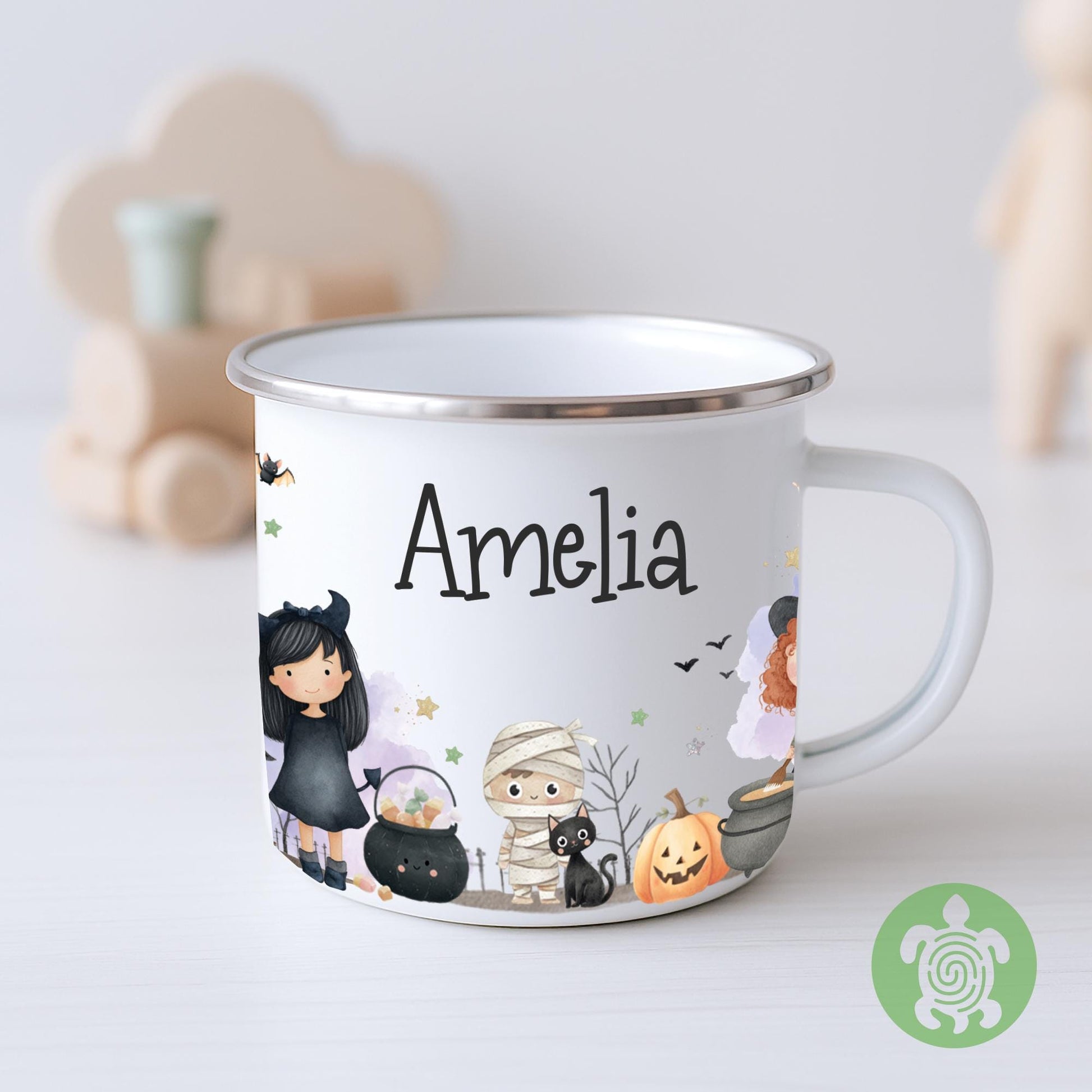 Personalised Kids Girly Halloween Mug, Spooky Gift Idea, Children's Enamel Mug, Halloween Party Favour, Spooky Kids Mug, Halloween BagFiller