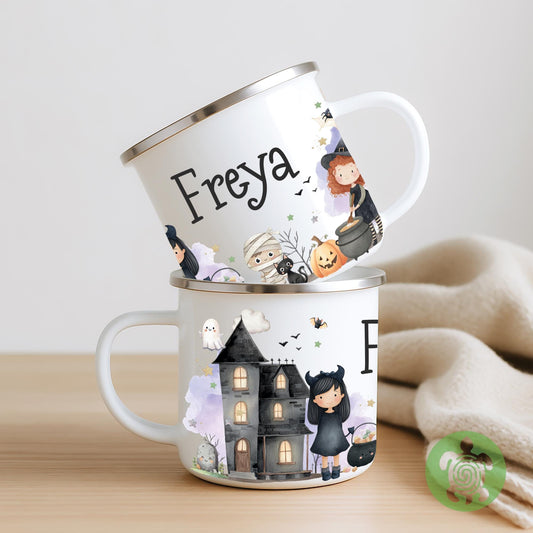 Personalised Kids Girly Halloween Mug, Spooky Gift Idea, Children's Enamel Mug, Halloween Party Favour, Spooky Kids Mug, Halloween BagFiller