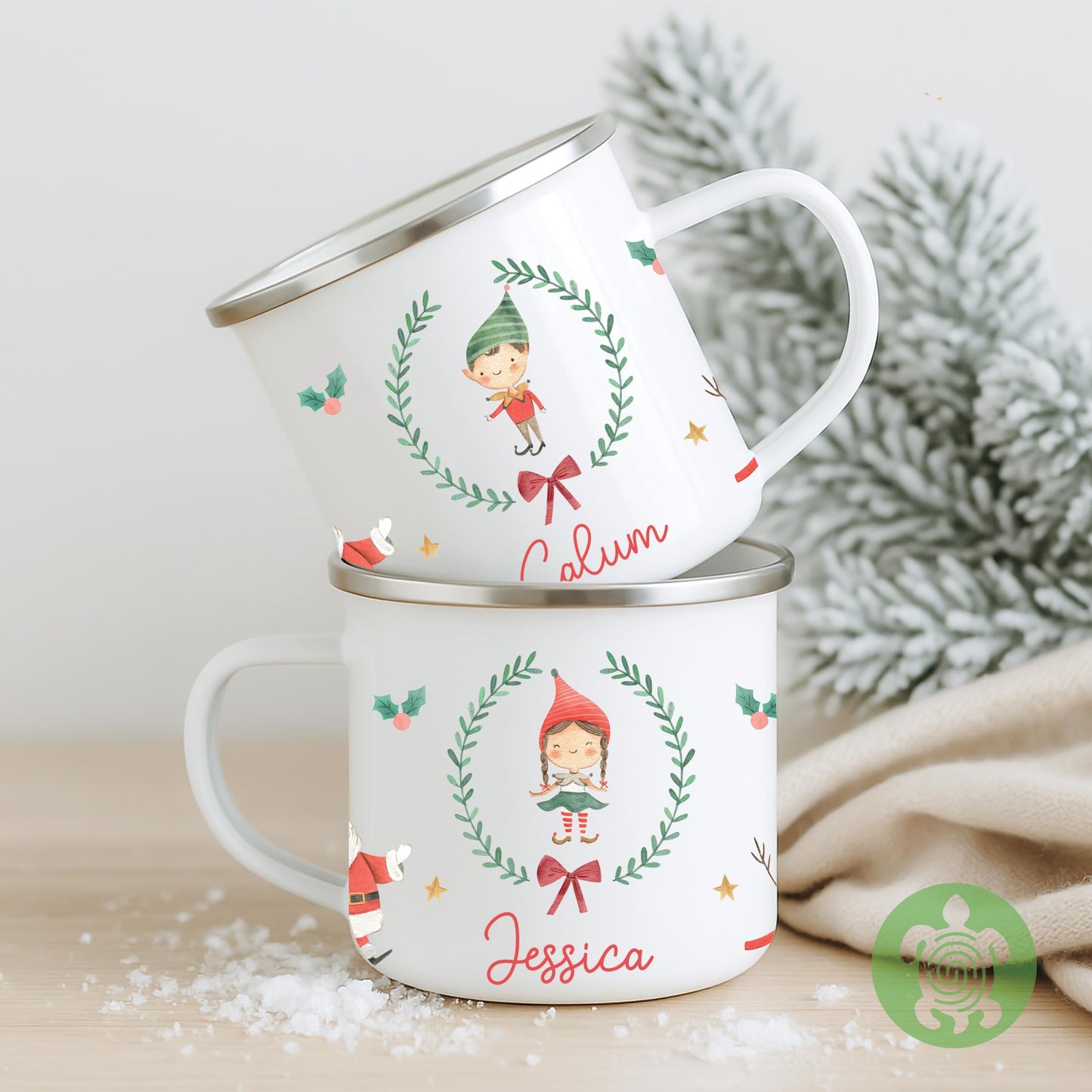 Personalised Children's Elf Festive Mug, Xmas Gift Idea, Children's Enamel Mug, Christmas Hot Chocolate, Kids Mug, Christmas Eve Filler
