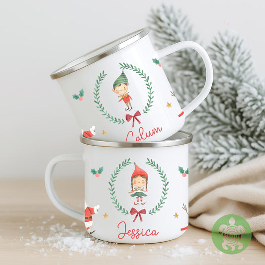 Personalised Children's Elf Festive Mug, Xmas Gift Idea, Children's Enamel Mug, Christmas Hot Chocolate, Kids Mug, Christmas Eve Filler
