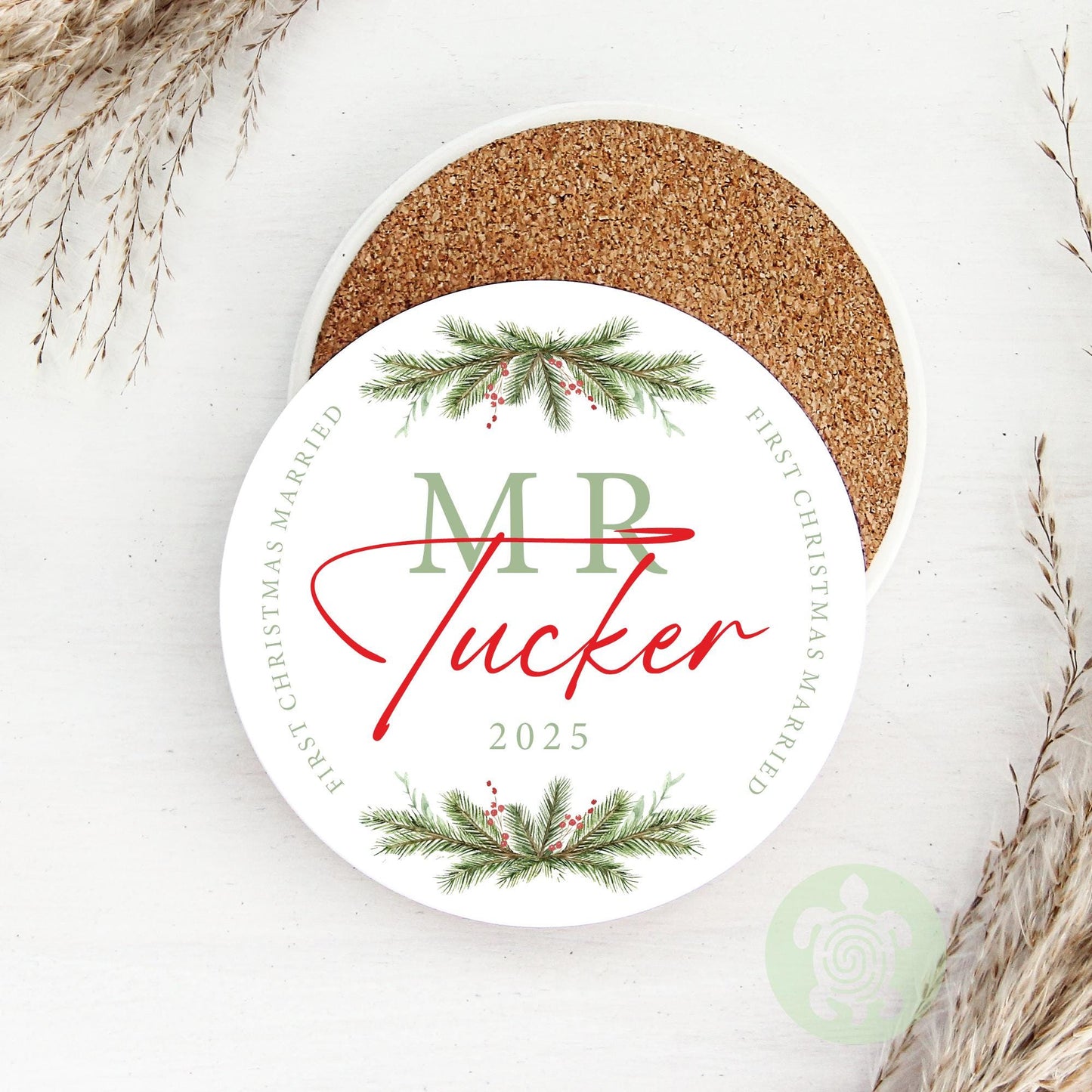 Personalised Mr & Mrs Christmas Mug | First Christmas Married | Wreath | Mug Coaster Set | Bride Groom Present | Our First Xmas | His + Hers