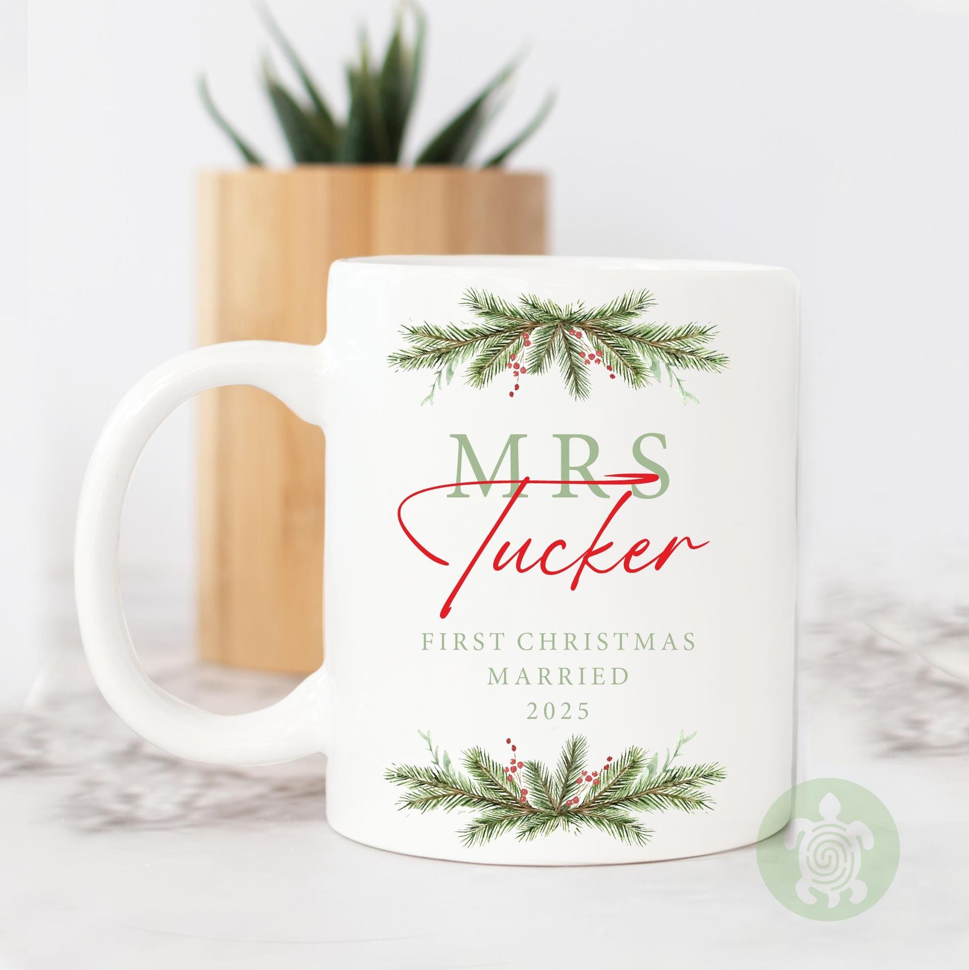 Personalised Mr & Mrs Christmas Mug | First Christmas Married | Wreath | Mug Coaster Set | Bride Groom Present | Our First Xmas | His + Hers