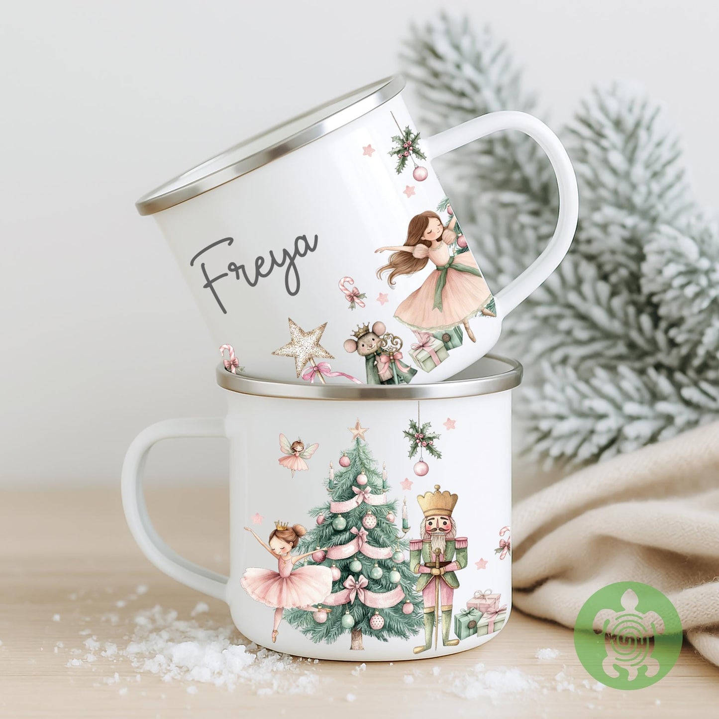 Personalised Children's Pink Nutcracker Mug, Xmas Gift Idea, Children's Enamel Mug, Christmas Hot Chocolate, Kids Mug, Christmas Eve Filler