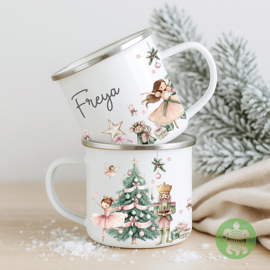 Personalised Children's Pink Nutcracker Mug, Xmas Gift Idea, Children's Enamel Mug, Christmas Hot Chocolate, Kids Mug, Christmas Eve Filler