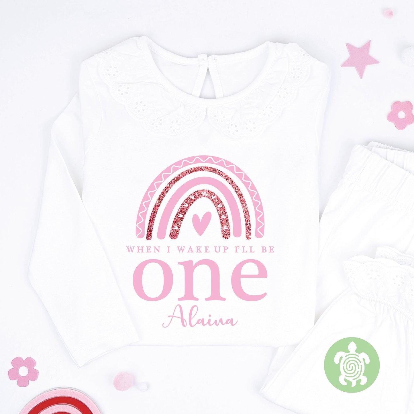 Pink Rainbow with Rose Gold Glitter Personalised Kids Outfit, Birthday Morning Set, Custom Name Cotton Clothing Set, Tight-fitting style