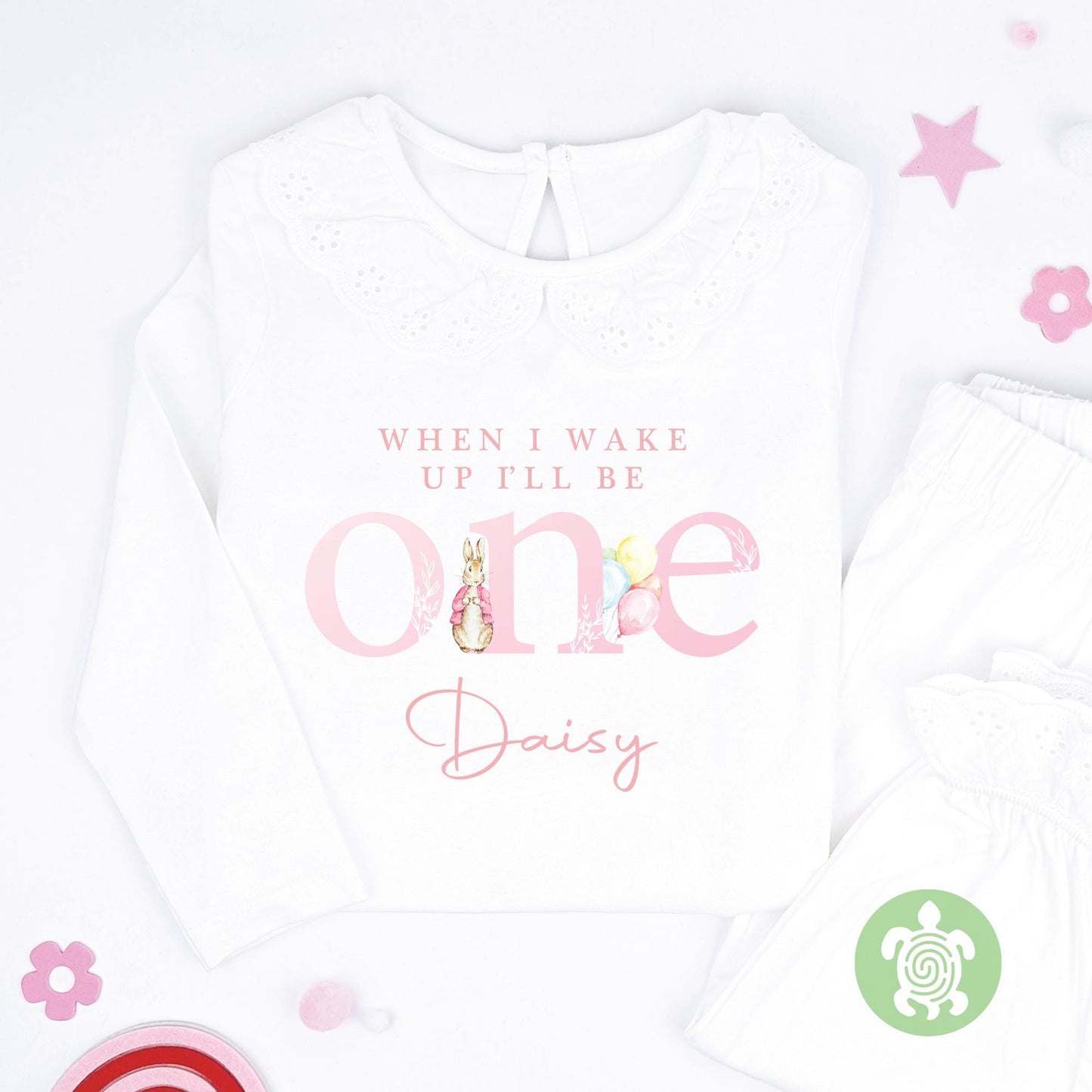 Personalised Rabbit Birthday Pyjamas Any Age Baby Pink Stripes or Plain White Girl Children's Pj's or Romper One, Two, Three, Four Nightwear
