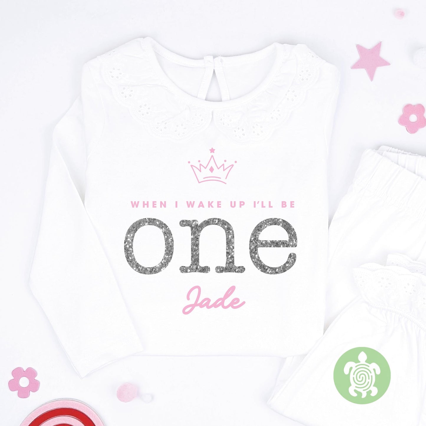 Pink Crown with Glitter When I Wake Up Personalised Kids Outfit, Birthday Morning Set, Custom Name Cotton Clothing Set, Tight-fitting style