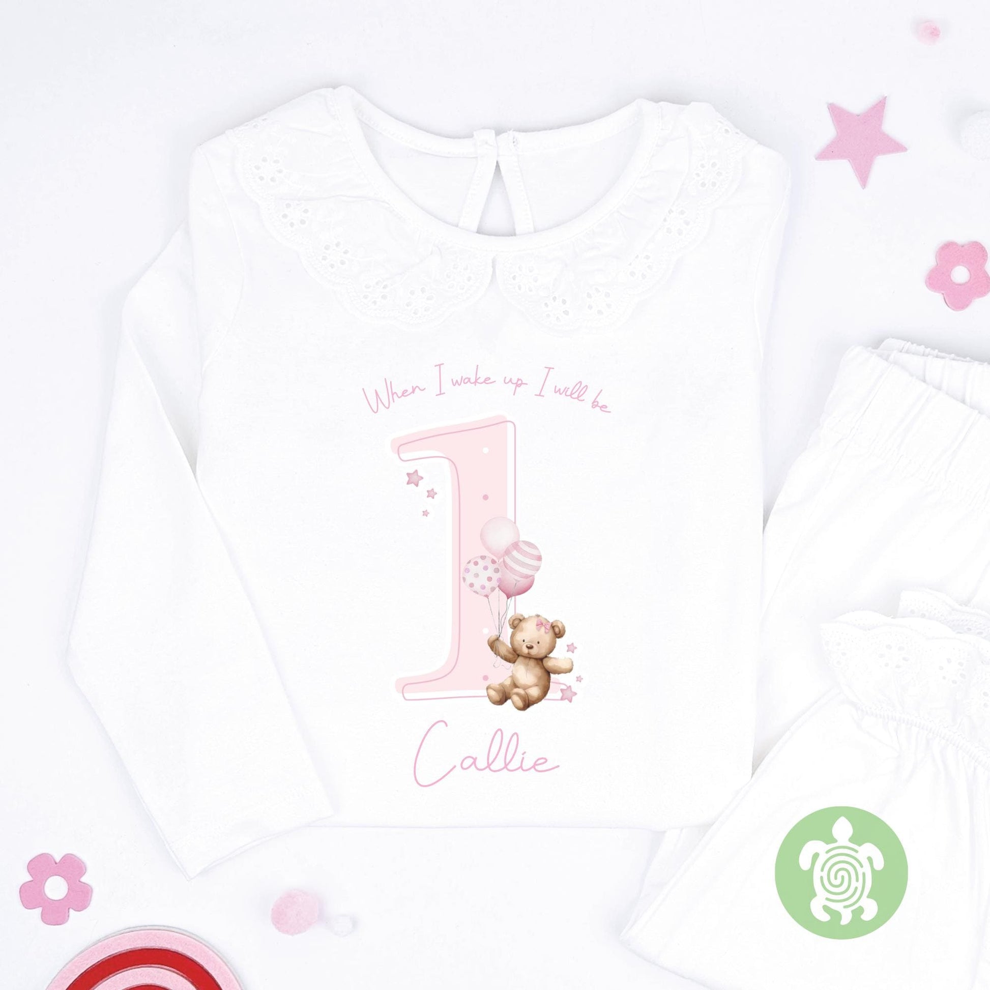 Baby Pink Teddy Shadow Any Age Birthday Personalised Kids Outfit, Morning Set, Custom Name Cotton Clothing Set, Tight-fitting style