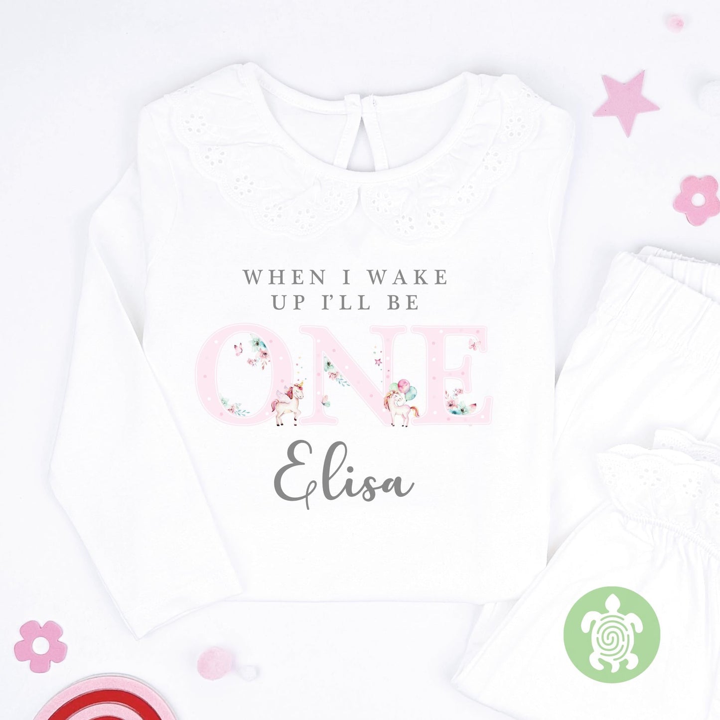 Watercolour Unicorn Any Age Personalised Kids Outfit, Birthday Morning Set, Custom Name Cotton Clothing Set, Tight-fitting style, Grey Print