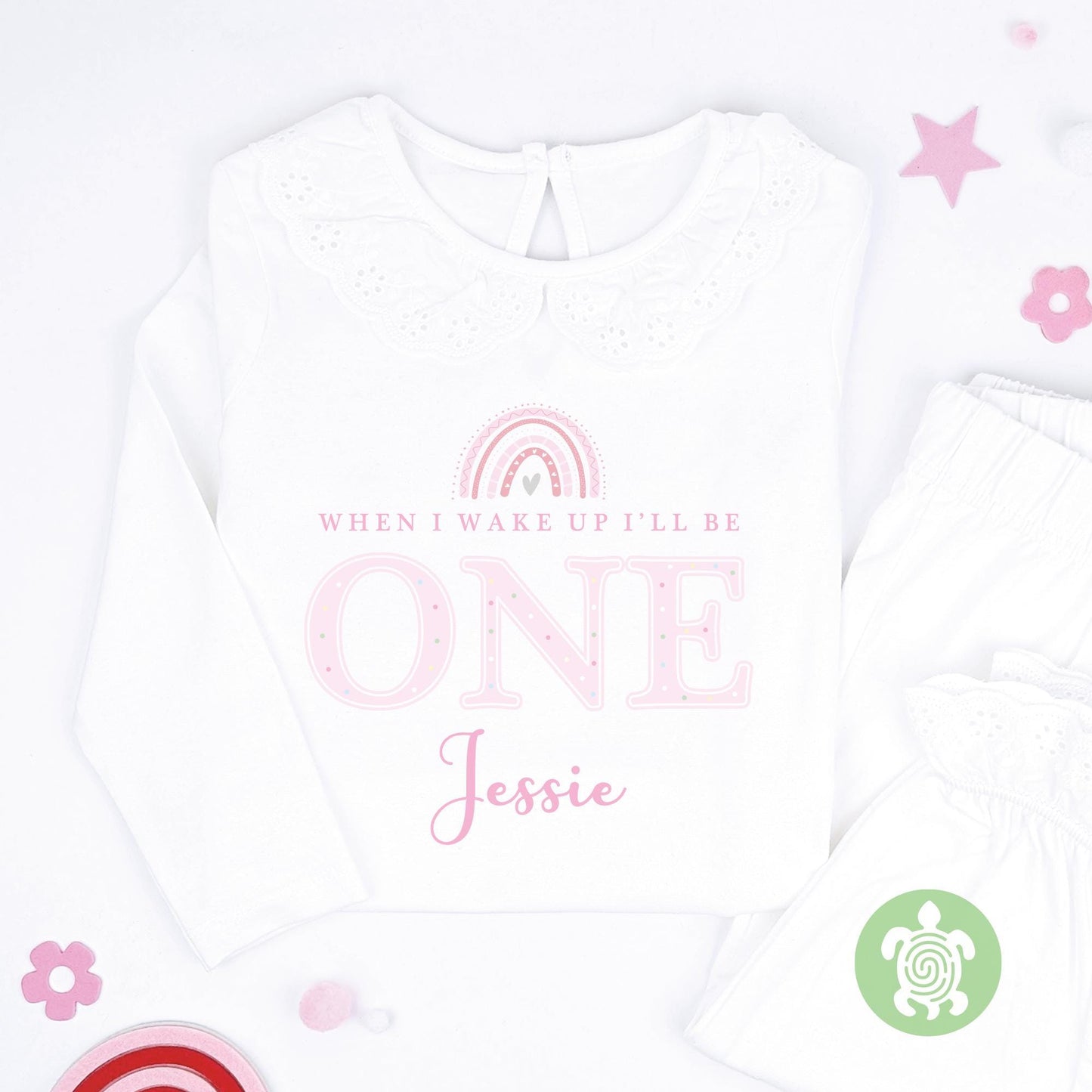 Pink Rainbow 1st 2nd Birthday Girl Children Toddler Personalised Pyjamas Gift with with Pink Print First Birthday Pj's Any Age Nightwear