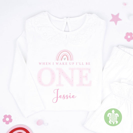 Pink Rainbow 1st 2nd Birthday Girl Children Toddler Personalised Pyjamas Gift with with Pink Print First Birthday Pj's Any Age Nightwear