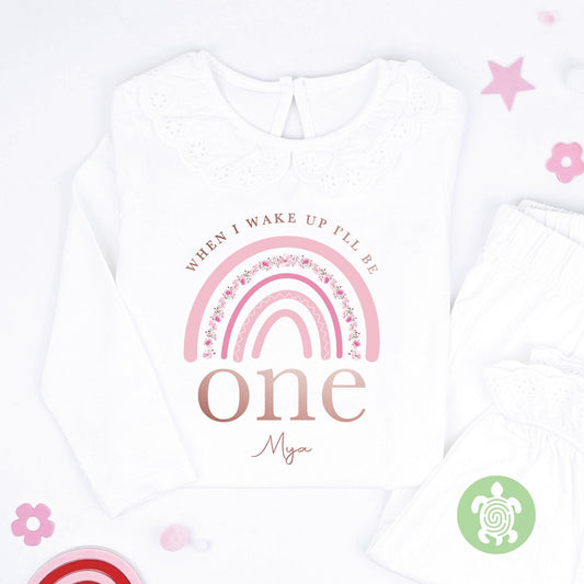Pink Rainbow Leaf 1st 2nd Birthday Pj's Personalised Pink First Second Birthday When I Wake Up Pyjamas, Any Age Birthday Girl