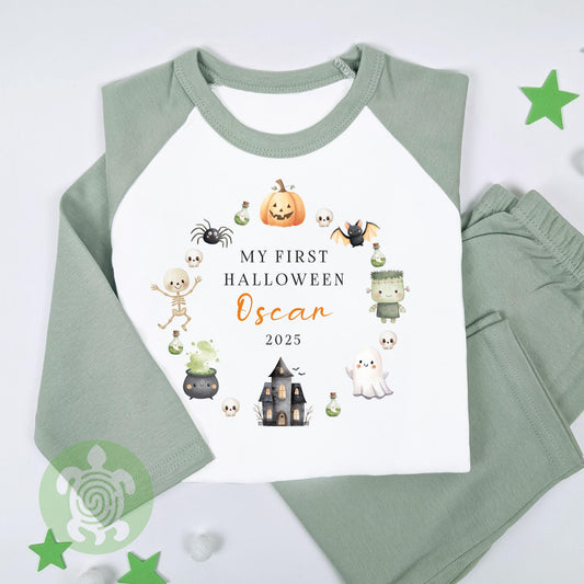 Personalised Spooky Halloween Wreath Night Set, Custom Name Cotton Clothing Set for Boy Girls, Tight-fitting style, Halloween Outfit