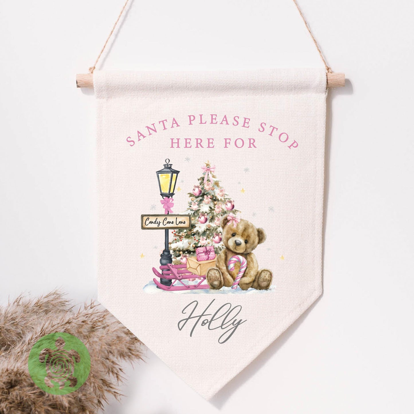 Personalised Children's Candy Cane Lane Festive Flag, Christmas Decorations, Family Christmas Gifts, First Christmas, Personalised Stockings