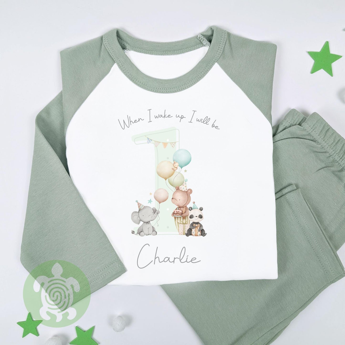 Green Teddy Party Birthday Pj's Personalised Watercolour Birthday, When I Wake Up Pyjamas, Grey Print, Boy Girl, Any Age, Neutral Outfit