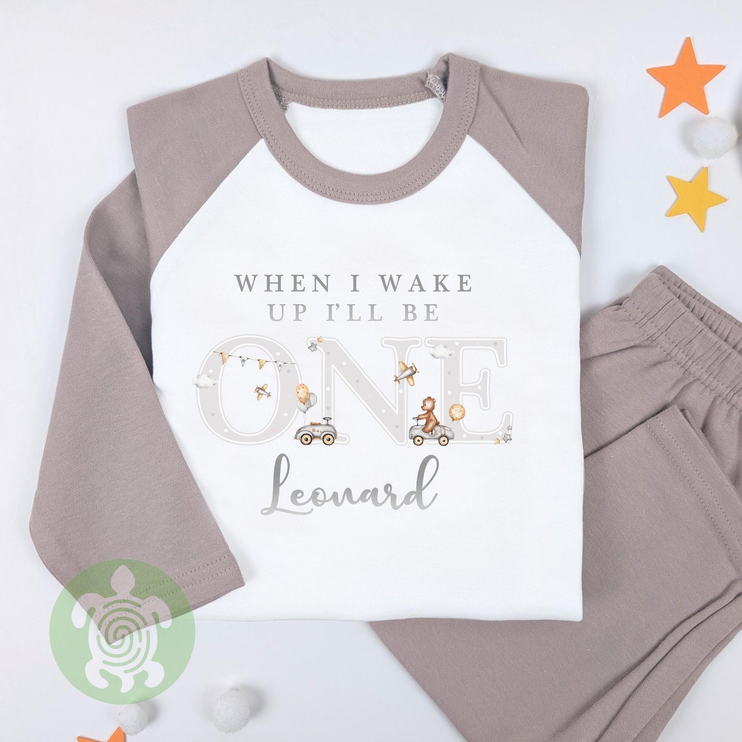 Gold & Grey Teddy with Cars Airplanes Personalised Kids Outfit, Birthday Morning Set, Custom Name Cotton Clothing Set, Tight-fitting style
