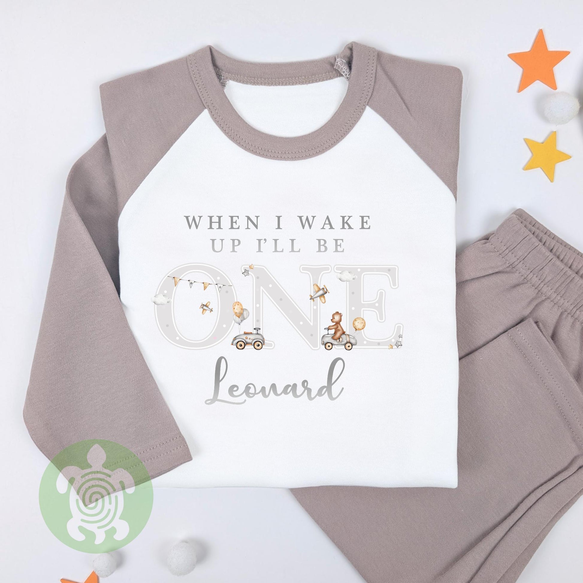 Gold & Grey Teddy with Cars Airplanes Personalised Kids Outfit, Birthday Morning Set, Custom Name Cotton Clothing Set, Tight-fitting style