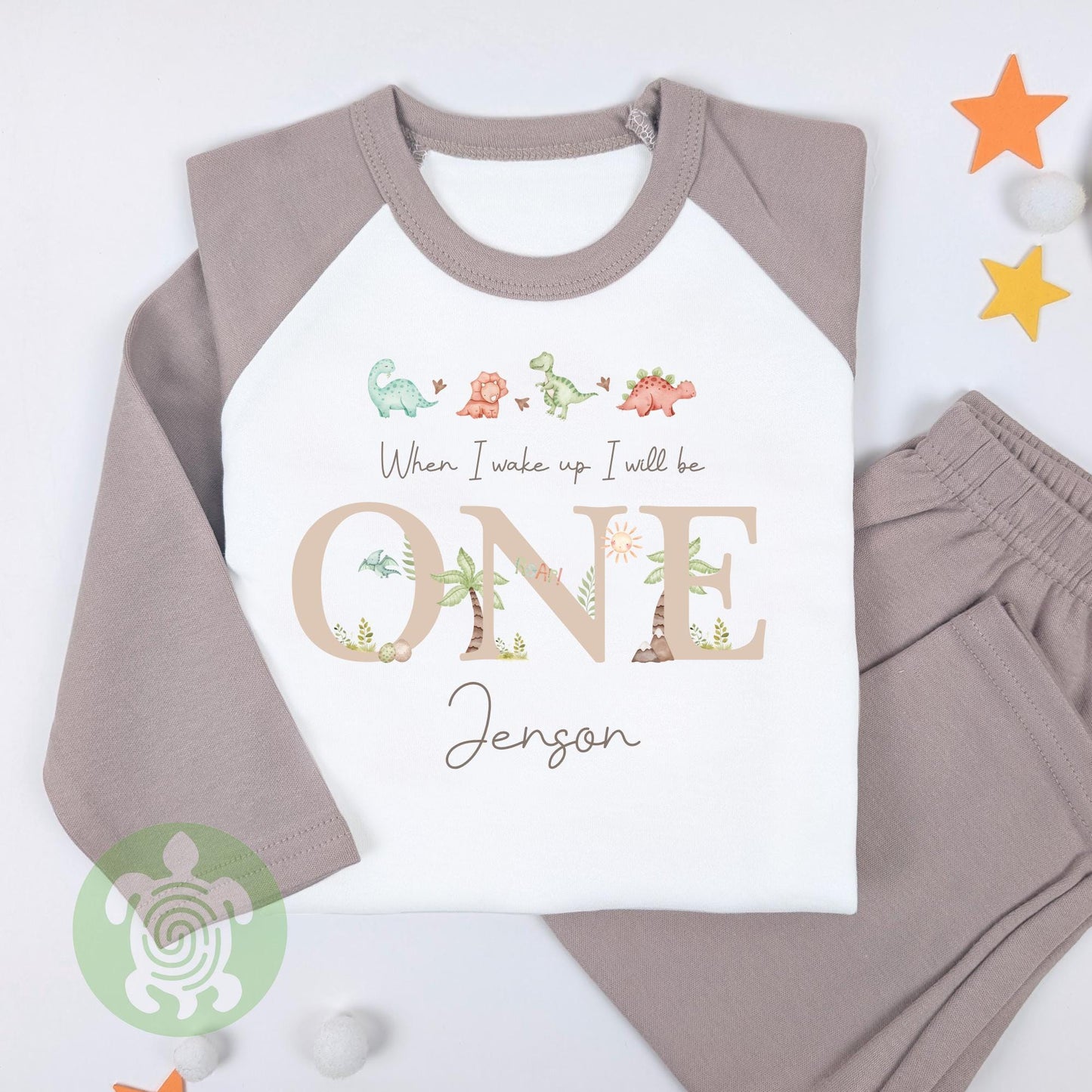 Beige Four Dinos Personalised Kids Outfit, Birthday Morning Set, Custom Name Cotton Clothing Set for Boys, Tight-fitting style