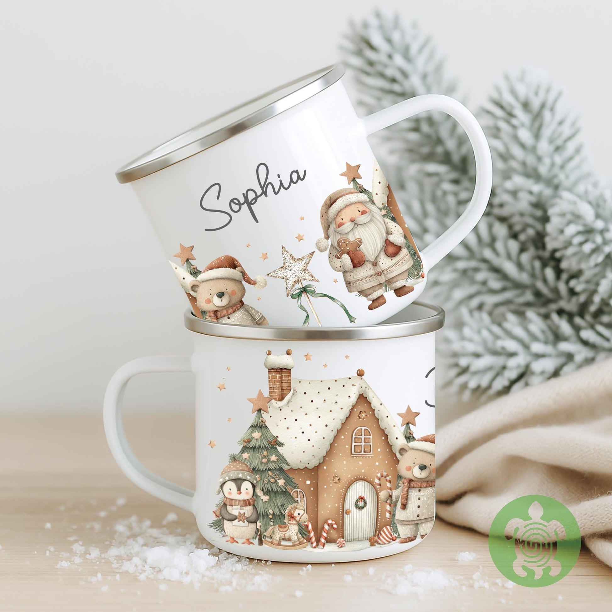 Personalised Children's Santa Gingerbread House Festive Mug, Children's Enamel Mug, Christmas Hot Chocolate, Kids Mug, Christmas Eve Filler