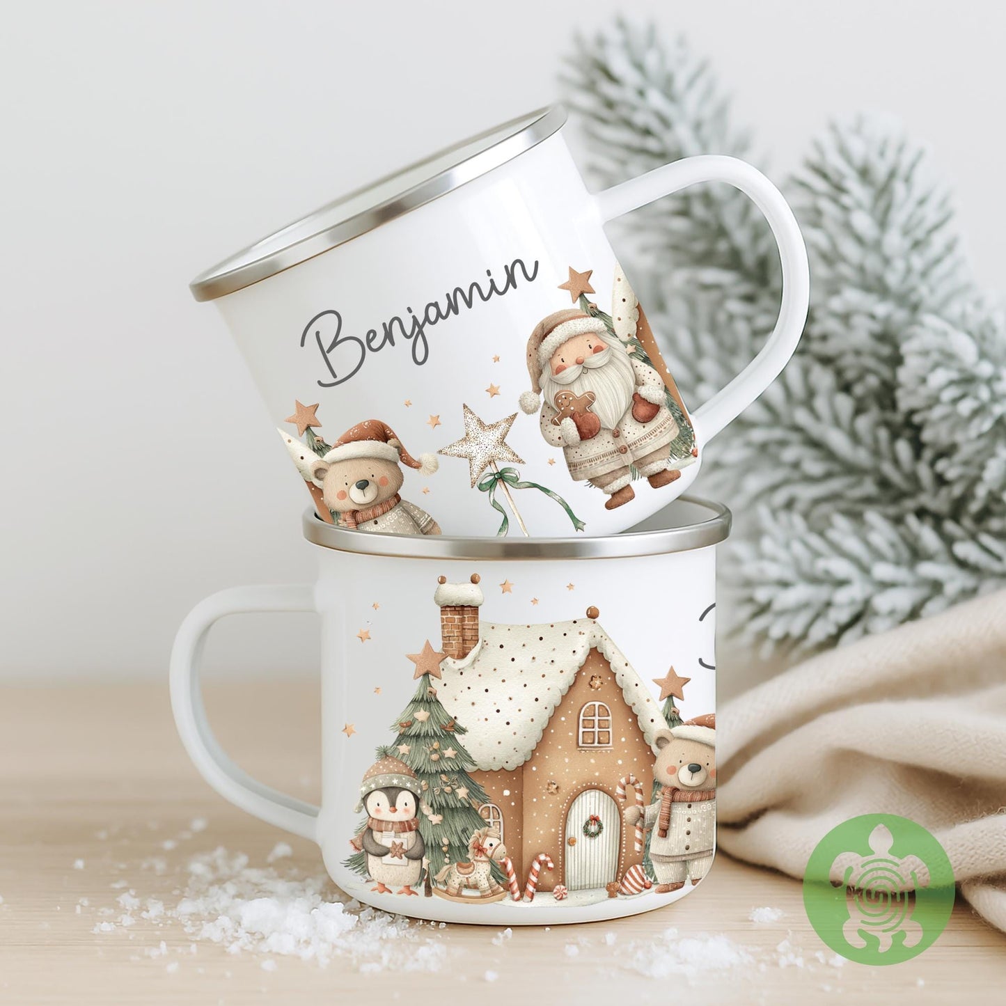 Personalised Children's Santa Gingerbread House Festive Mug, Children's Enamel Mug, Christmas Hot Chocolate, Kids Mug, Christmas Eve Filler