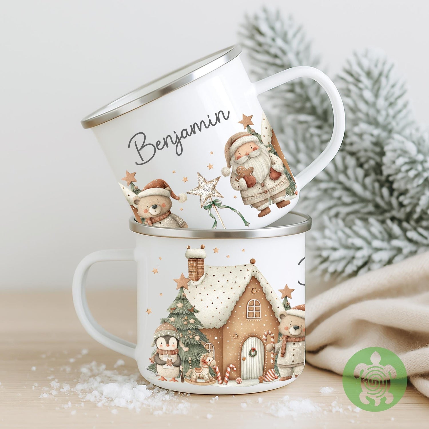 Personalised Children's Santa Gingerbread House Festive Mug, Children's Enamel Mug, Christmas Hot Chocolate, Kids Mug, Christmas Eve Filler