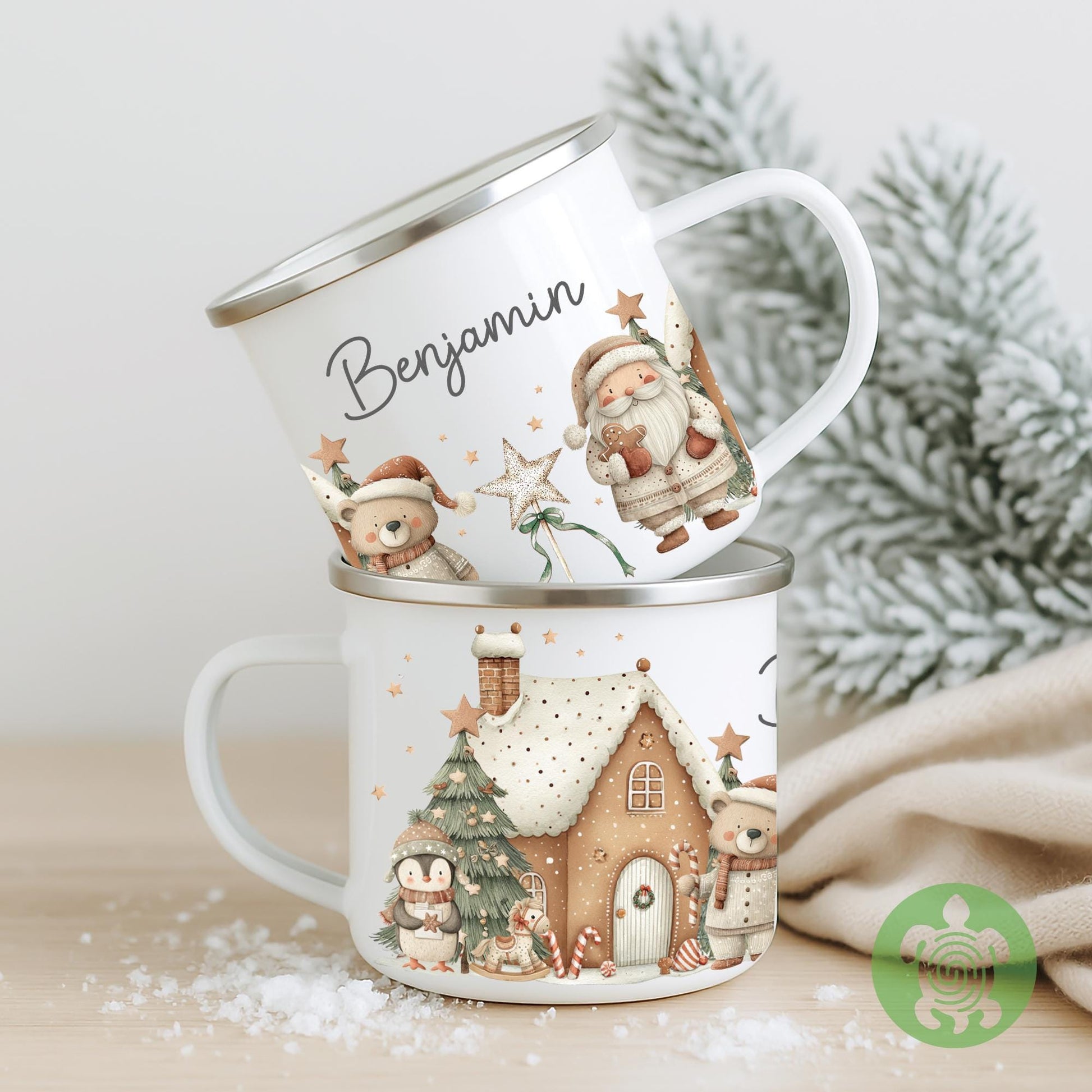 Personalised Children's Santa Gingerbread House Festive Mug, Children's Enamel Mug, Christmas Hot Chocolate, Kids Mug, Christmas Eve Filler