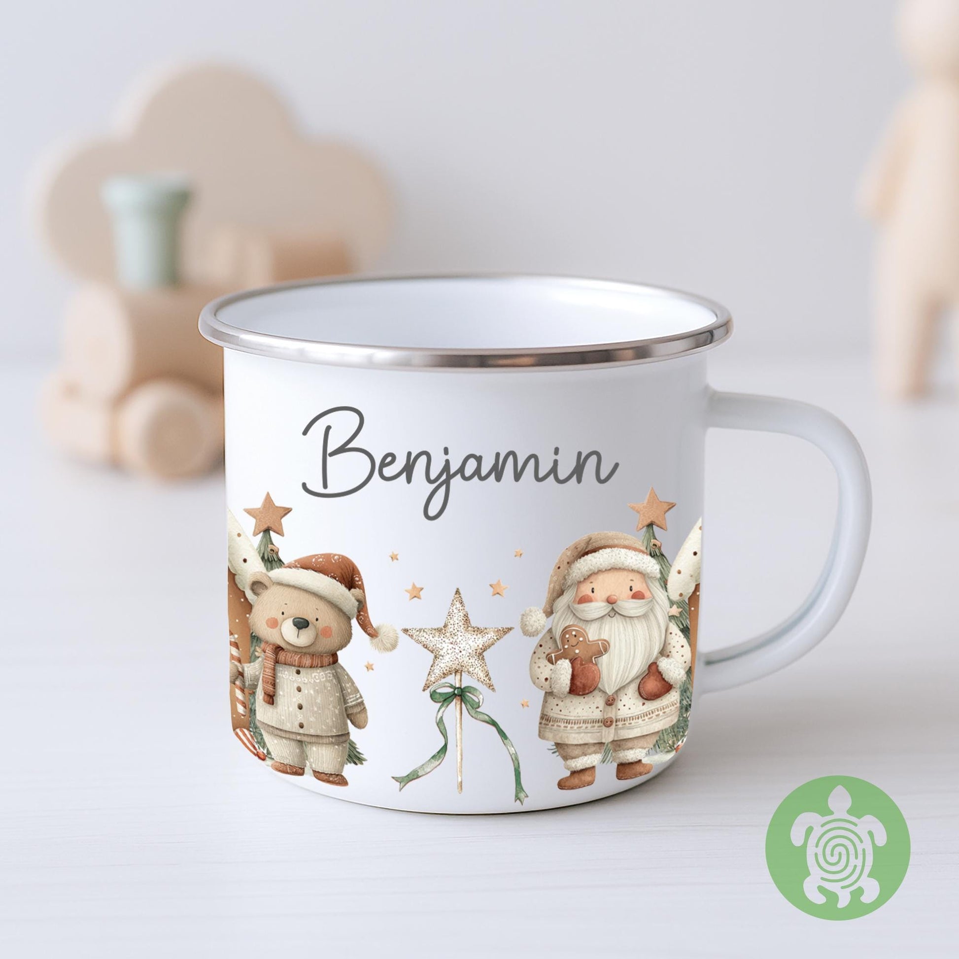 Personalised Children's Santa Gingerbread House Festive Mug, Children's Enamel Mug, Christmas Hot Chocolate, Kids Mug, Christmas Eve Filler