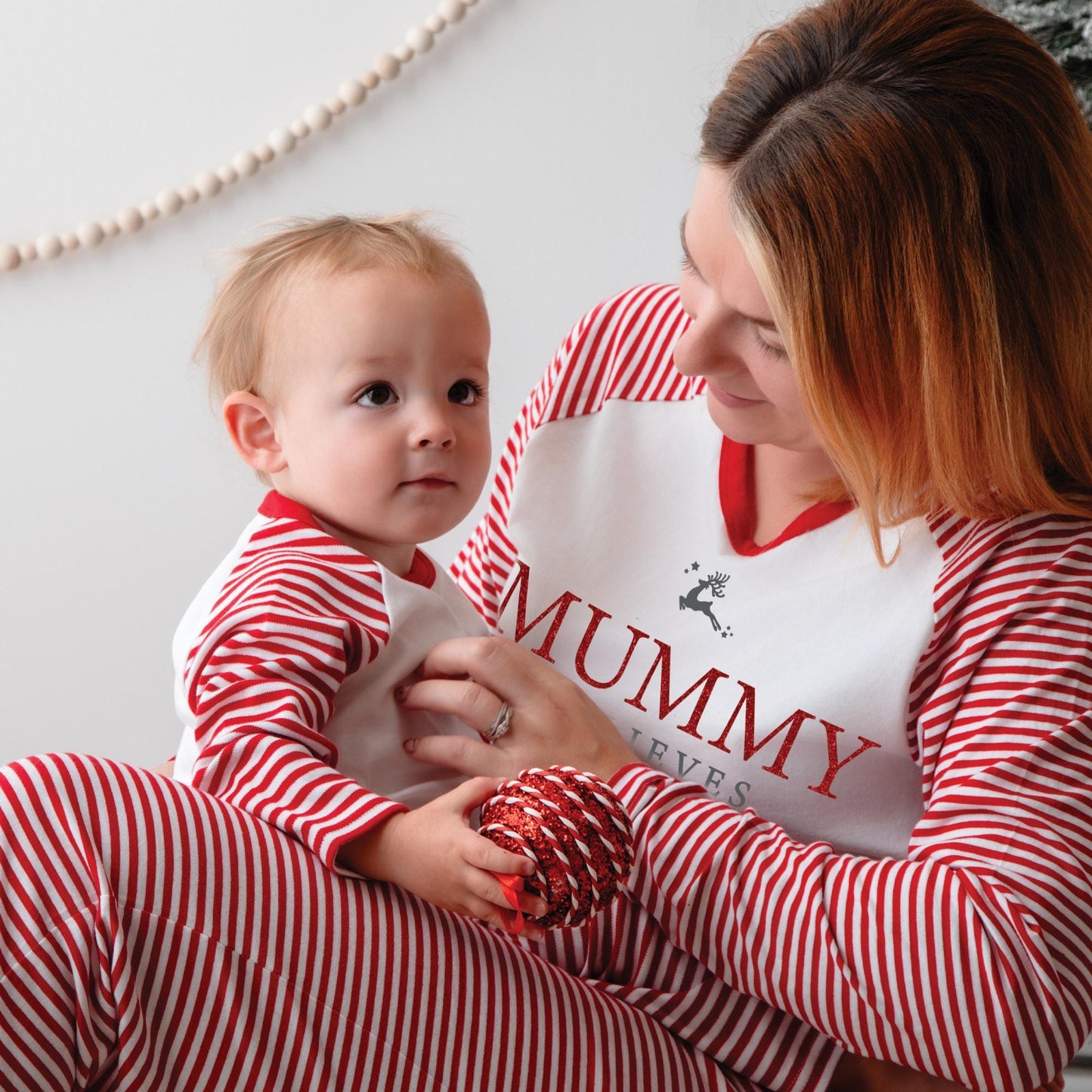 Luxury Believes Red Glitter Adults Christmas Matching Pyjamas, Festive Pattern, Personalised Clothing Set, Tight-fitting style