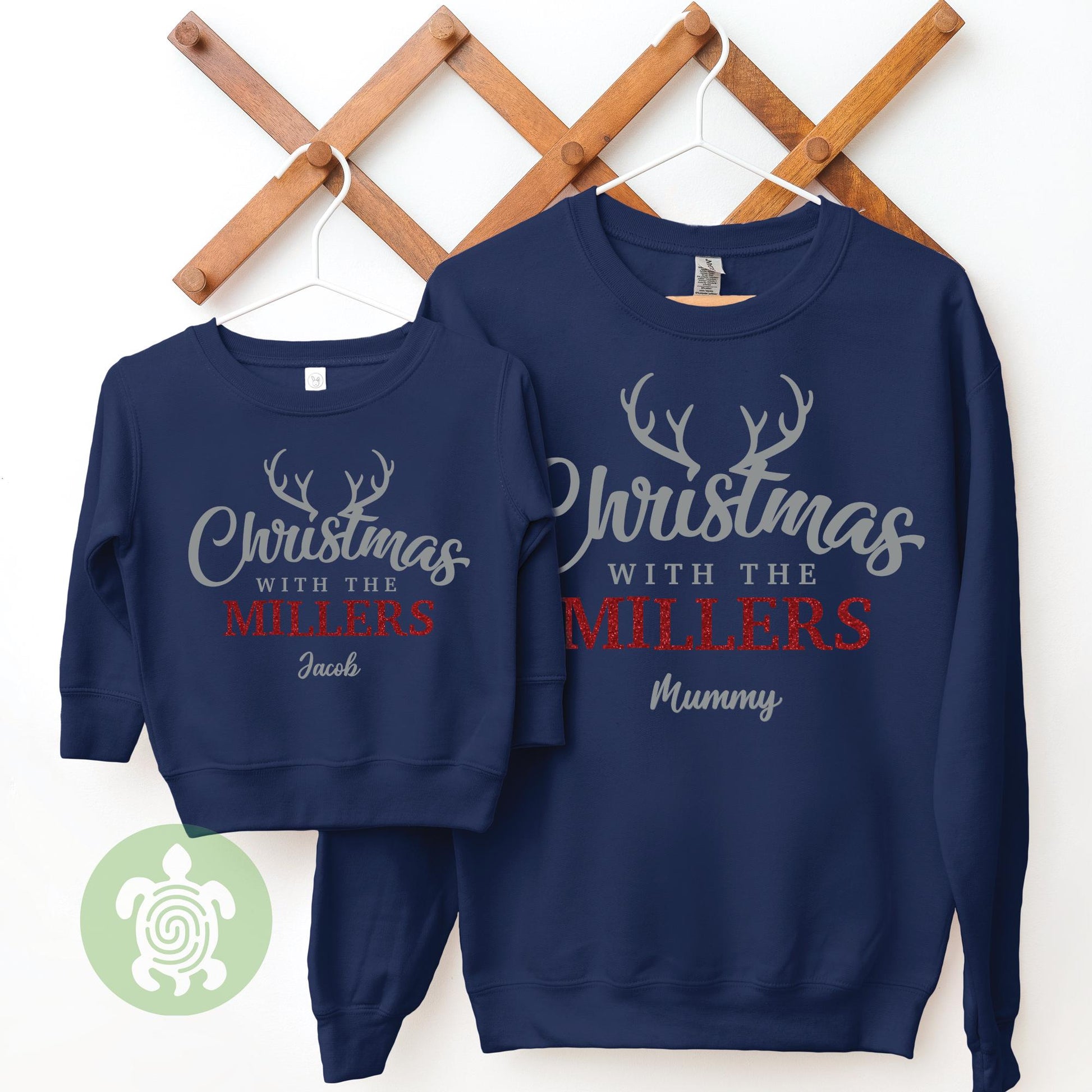 Personalised Matching Family Christmas With The Red Navy Sweatshirts, Family Xmas Jumpers, Festive Sweater, Red Glitter Festive