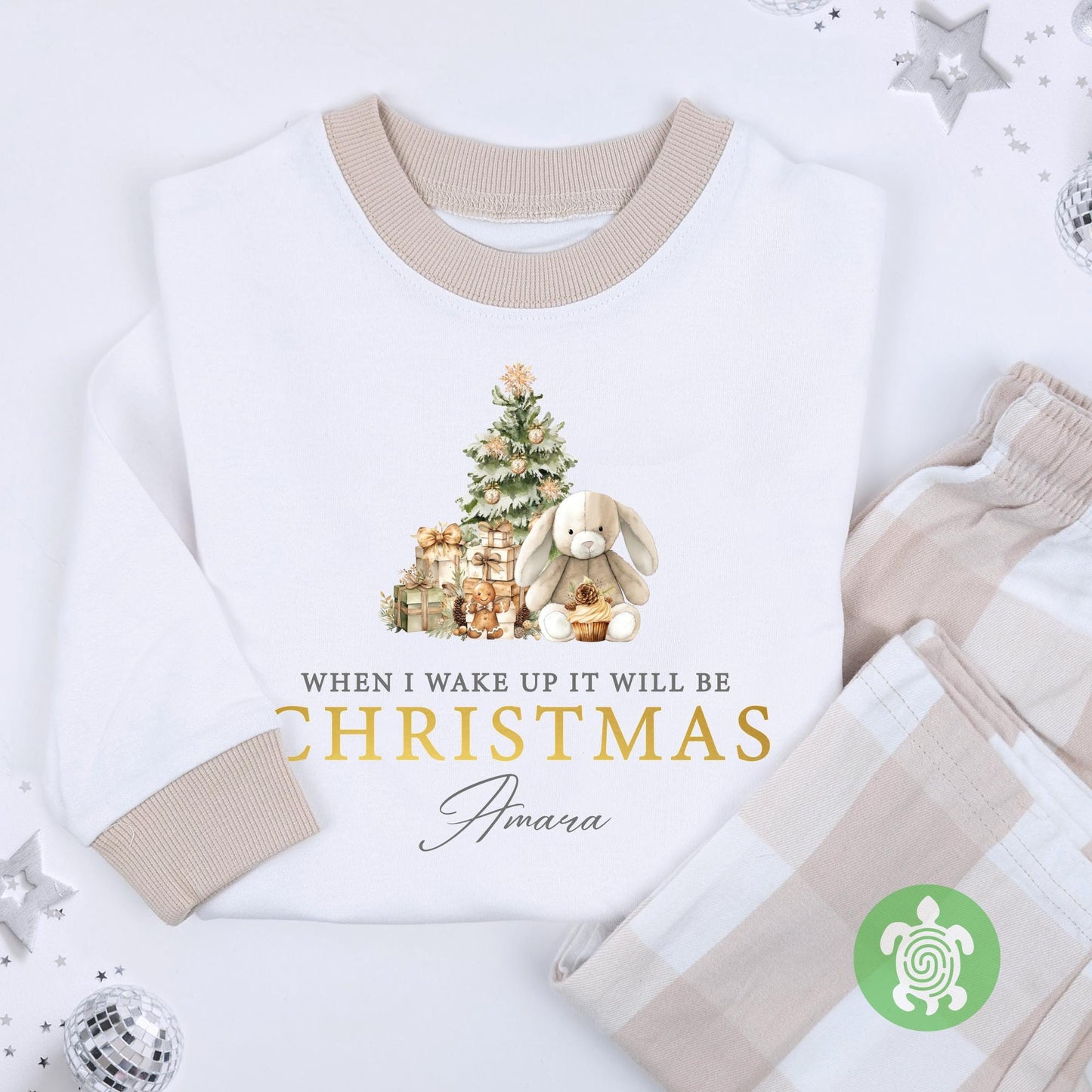 Luxury When I Wake Up It Will Be Christmas Christmas, Bunny Neutral Festive Pattern, Personalised XMas Eve Set, Tight-fitting style