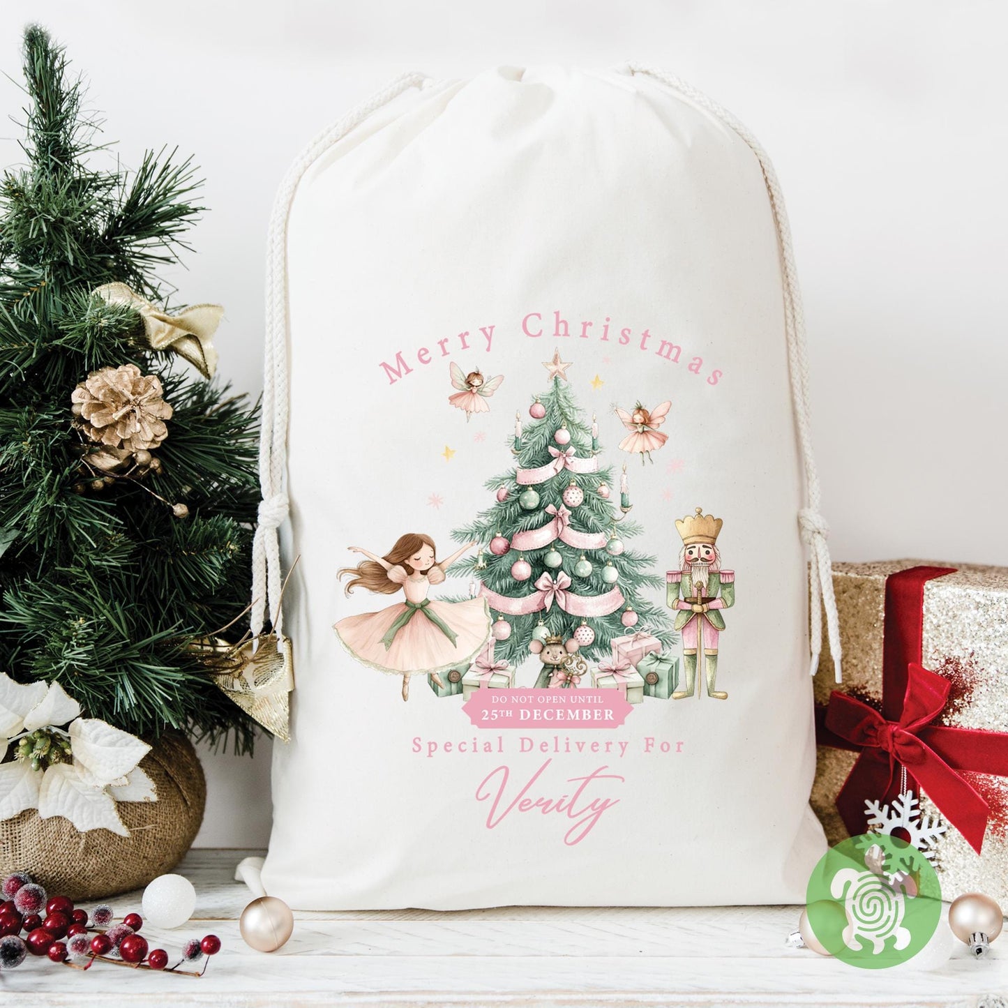 Personalised Christmas Pink Nutcracker Sack, Luxury Recycled cotton Christmas Sack, Christmas Eve Box, 1st Christmas sack, Christmas Eve bag
