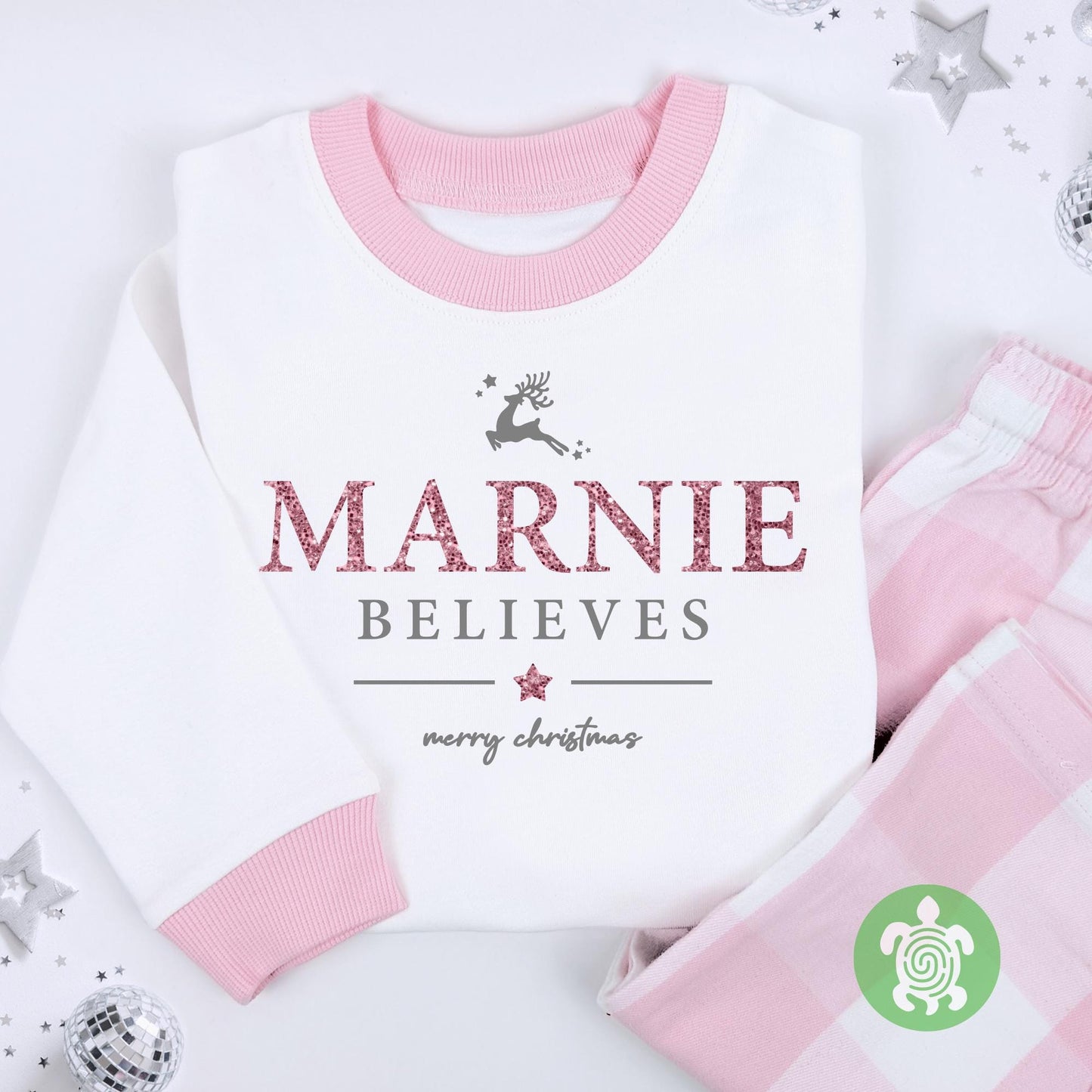 Luxury Pink Believe Christmas Outfit, Festive Pattern, Personalised Clothing Set, Baby first Xmas, Tight-fitting style, Christmas Eve Gift