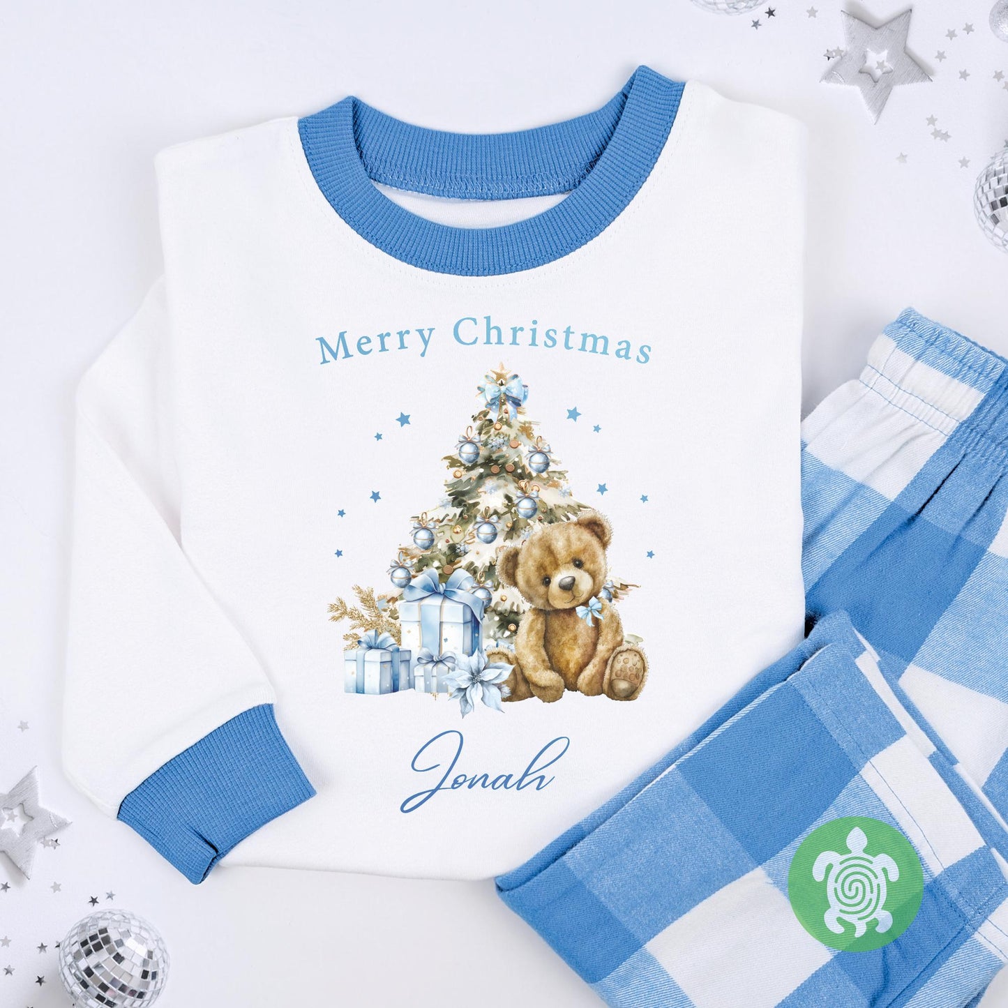 Luxury Merry Christmas Blue Teddy Festive Tree Outfit, Festive Pattern, Personalised Clothing Set, Tight-fitting style, Christmas Eve Box