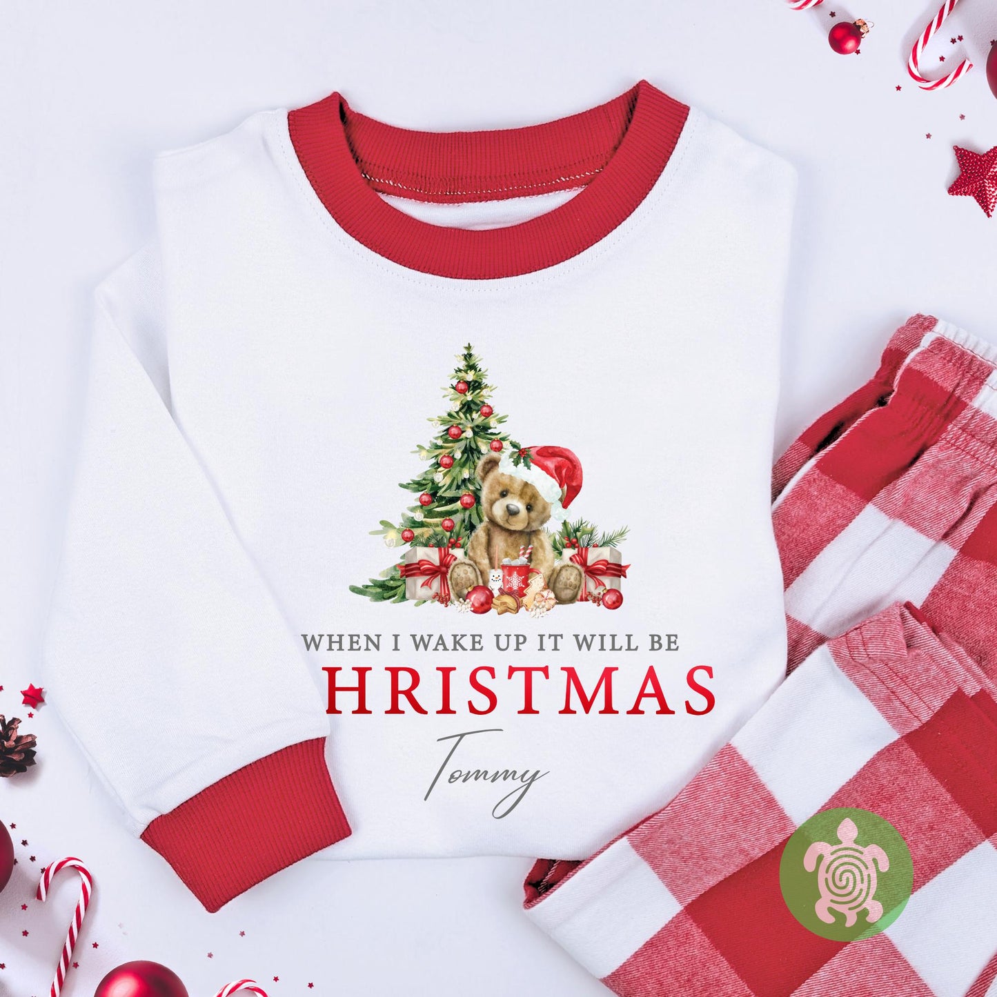 Luxury When I Wake Up It Will Be Christmas Christmas, Red Teddy Festive Pattern, Personalised XMas Eve Set, Tight-fitting style