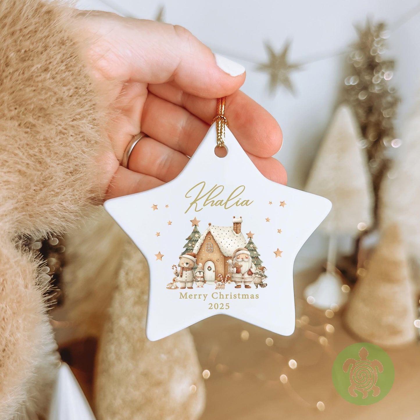 Personalised Santa Gingerbread House Merry Christmas Ornament, Ceramic Bauble, Custom Newborn Gift, 1st Xmas Tree Decoration, First Keepsake