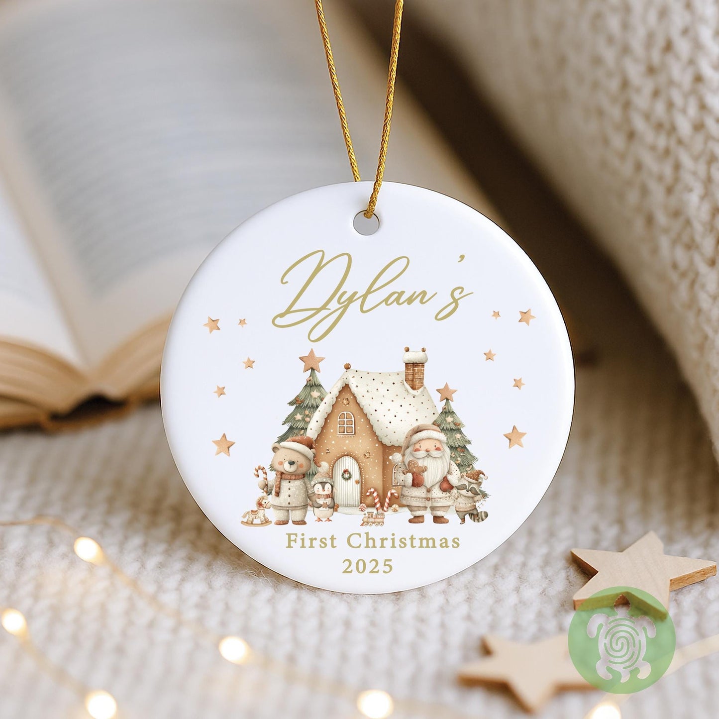 Personalised Santa Gingerbread House Merry Christmas Ornament, Ceramic Bauble, Custom Newborn Gift, 1st Xmas Tree Decoration, First Keepsake