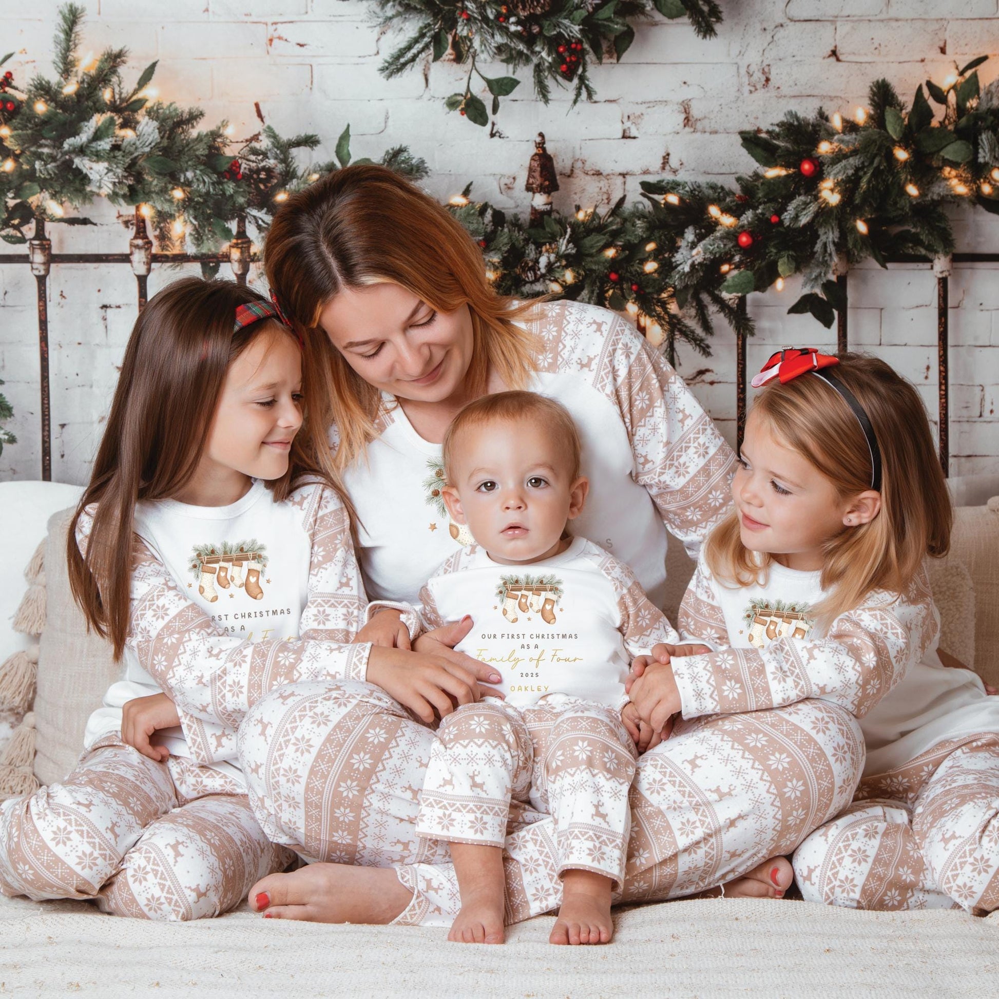 Luxury Beige Stocking Family Matching Family Christmas Outfit, Natural Festive Pattern, Personalised Clothing Set, Tight-fitting style