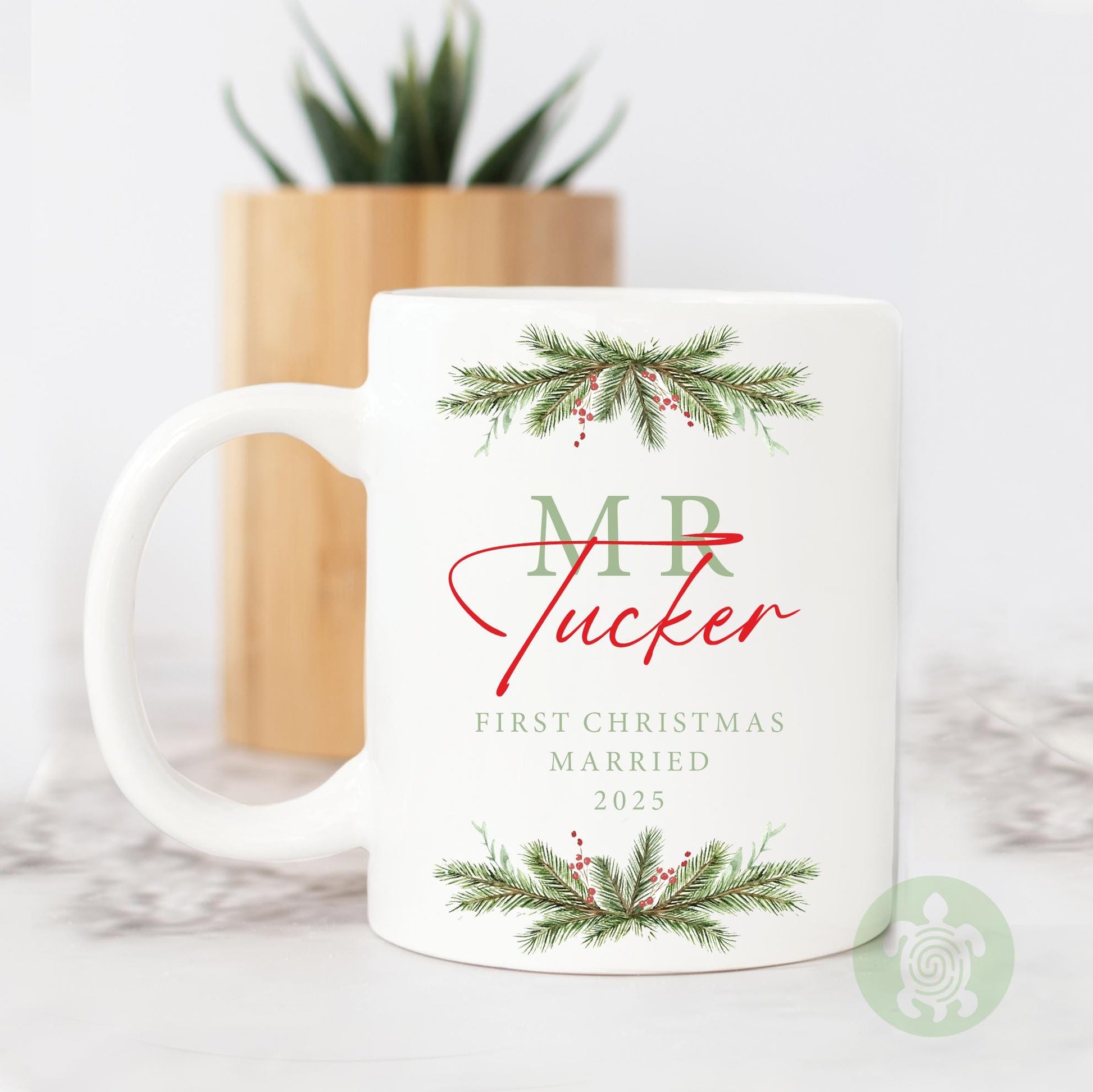 Personalised Mr & Mrs Christmas Mug | First Christmas Married | Wreath | Mug Coaster Set | Bride Groom Present | Our First Xmas | His + Hers