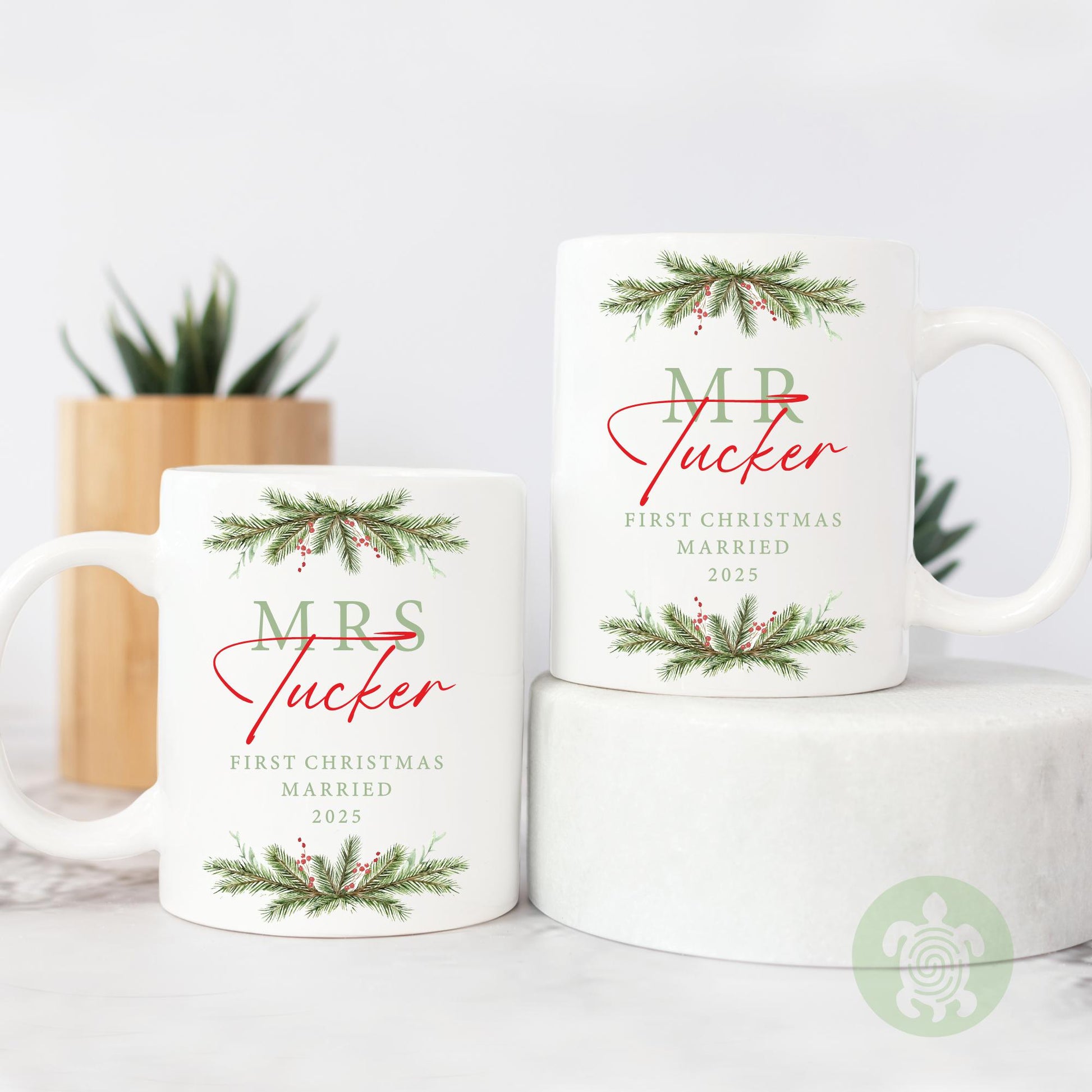 Personalised Mr & Mrs Christmas Mug | First Christmas Married | Wreath | Mug Coaster Set | Bride Groom Present | Our First Xmas | His + Hers