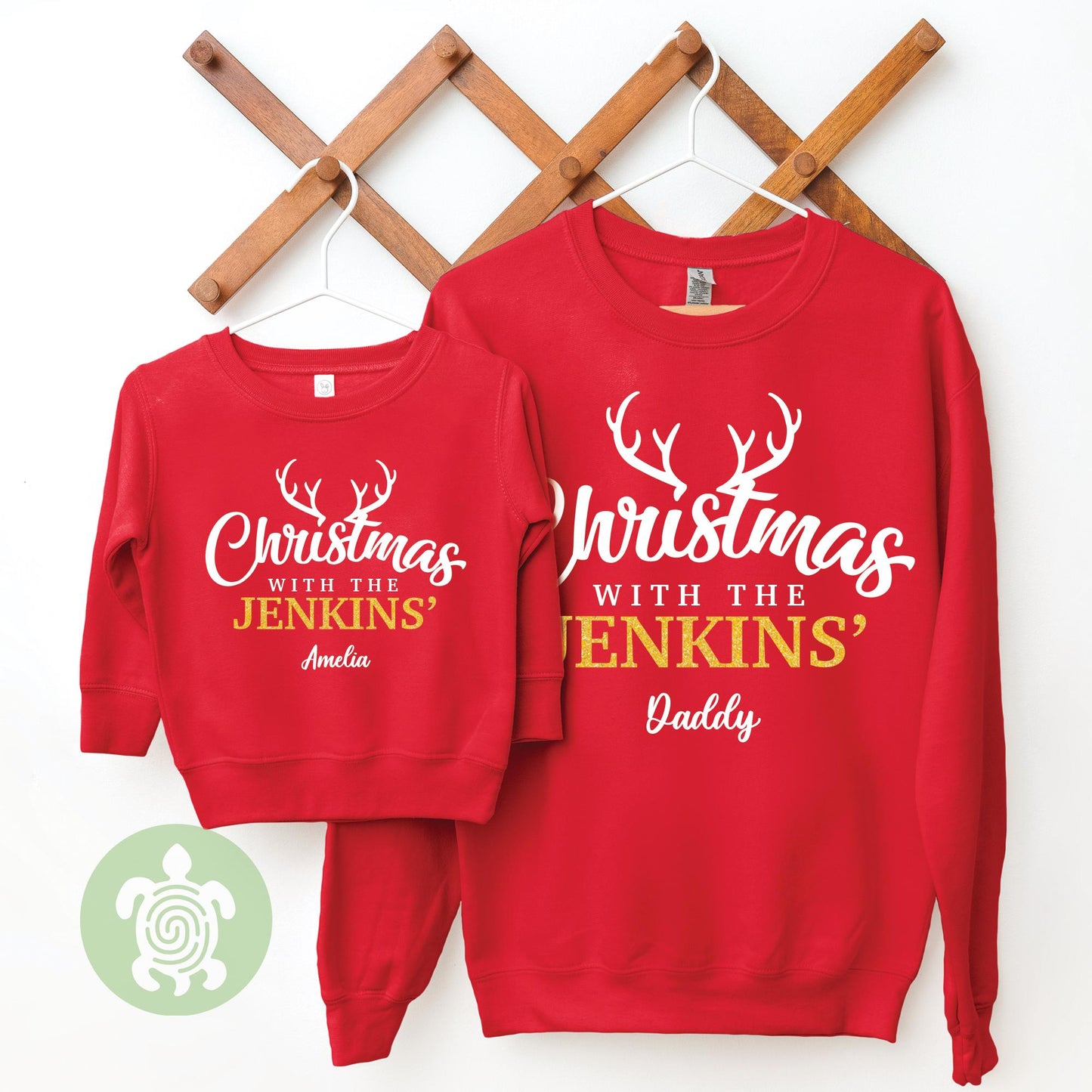 Personalised Matching Family Christmas With The Red Sweatshirts, Family Xmas Jumpers, Festive Sweater, Gold Glitter Festive