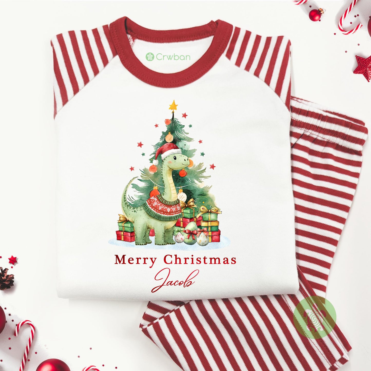 Luxury Personalised Dinosaur Merry Christmas Set, Red Festive Pattern, Xmas Set, Tight-fitting style, Christmas Eve Outfit, Festive Gift