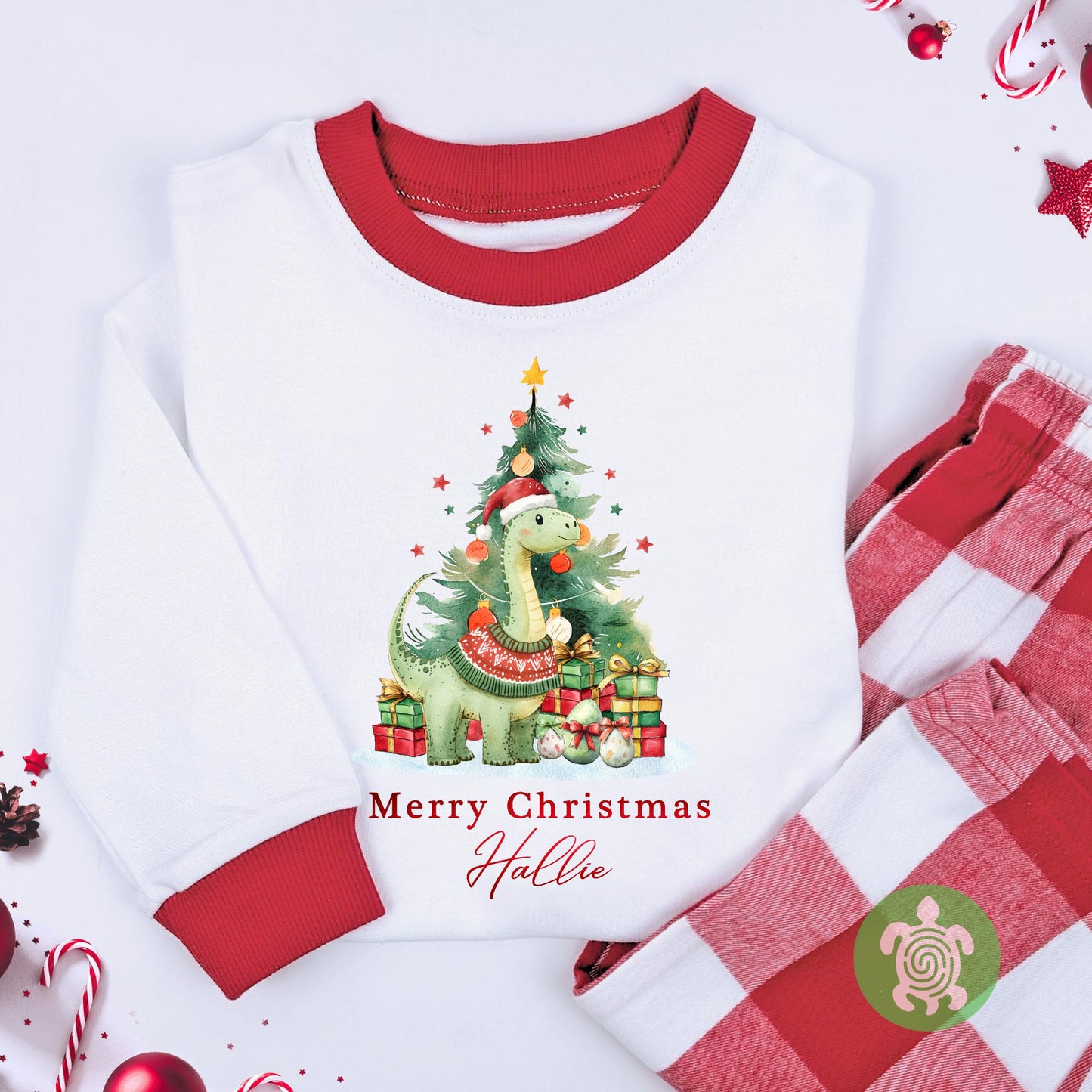 Luxury Personalised Dinosaur Merry Christmas Set, Red Festive Pattern, Xmas Set, Tight-fitting style, Christmas Eve Outfit, Festive Gift