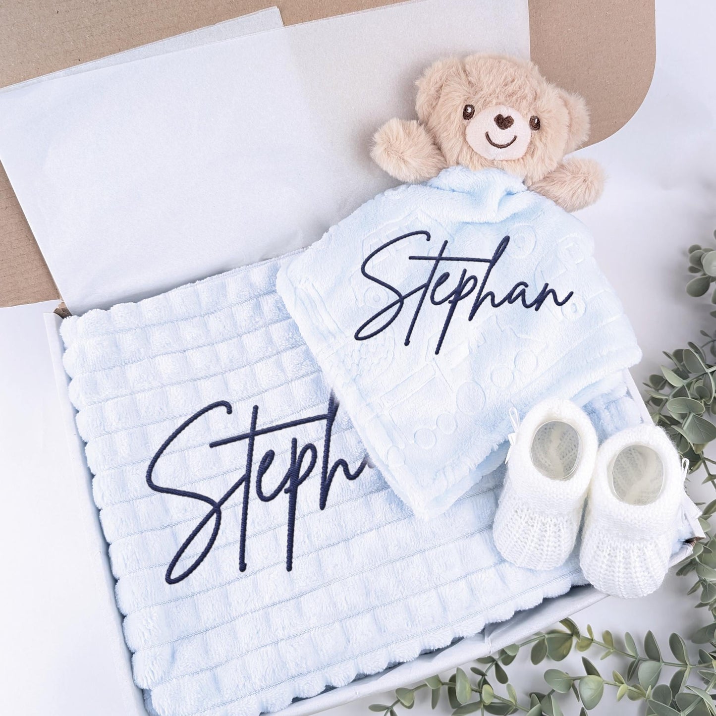 Embroidered Blue Teddy Comforter Blanket Gift Set | Baby Shower Gift | Baby Booties | Baby Gift | Newborn Girl Boy | Newborn Baby Gift