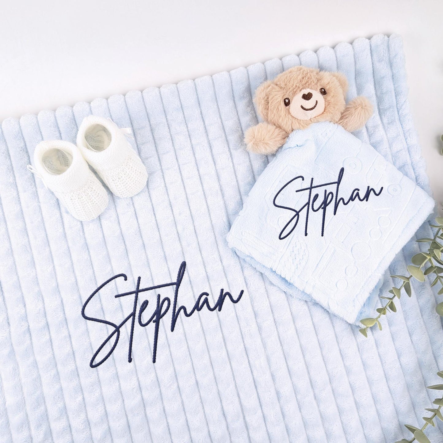 Embroidered Blue Teddy Comforter Blanket Gift Set | Baby Shower Gift | Baby Booties | Baby Gift | Newborn Girl Boy | Newborn Baby Gift