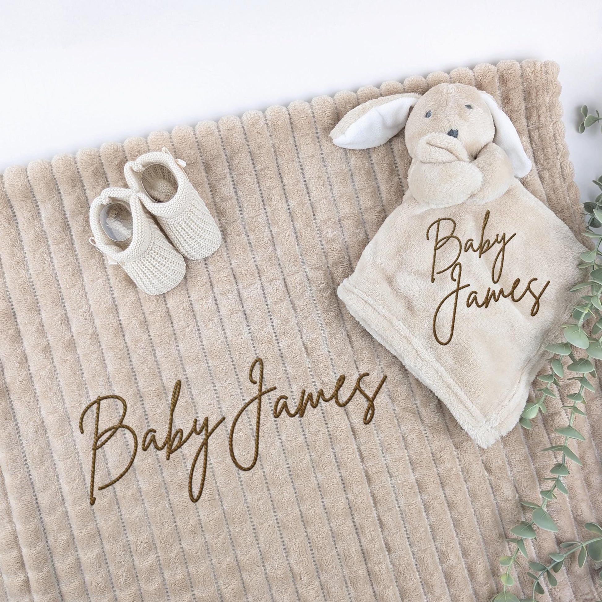 Embroidered Neutral Bunny Comforter Blanket Gift Set | Baby Shower Gift | Baby Booties | Baby Gift | Newborn Girl Boy | Newborn Baby Gift