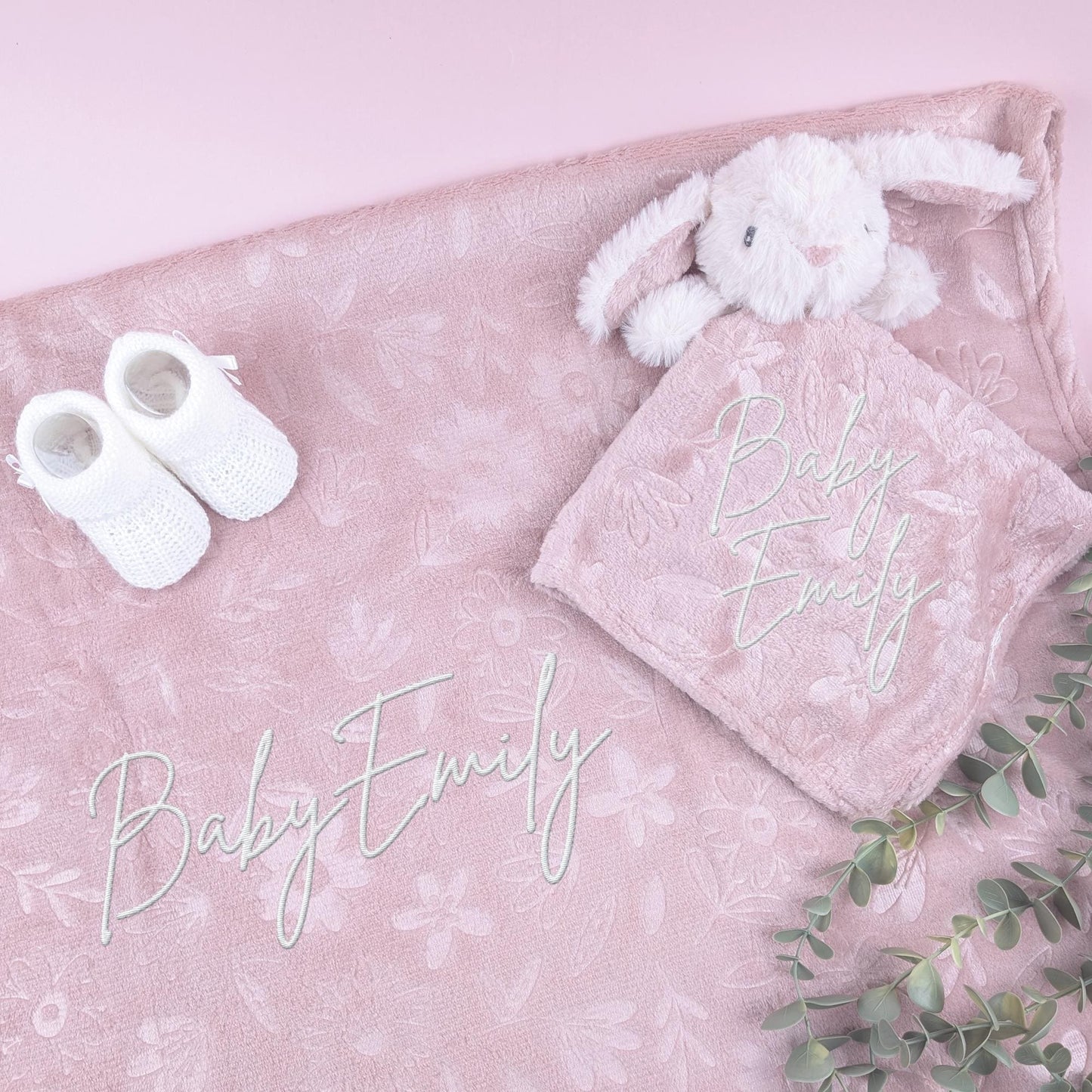 Embroidered Rose Pink Fluffy Bunny Comforter Blanket Gift Set, Baby Shower Gift, Baby Booties, Baby Gift, Newborn Baby Girl, Baby Gift