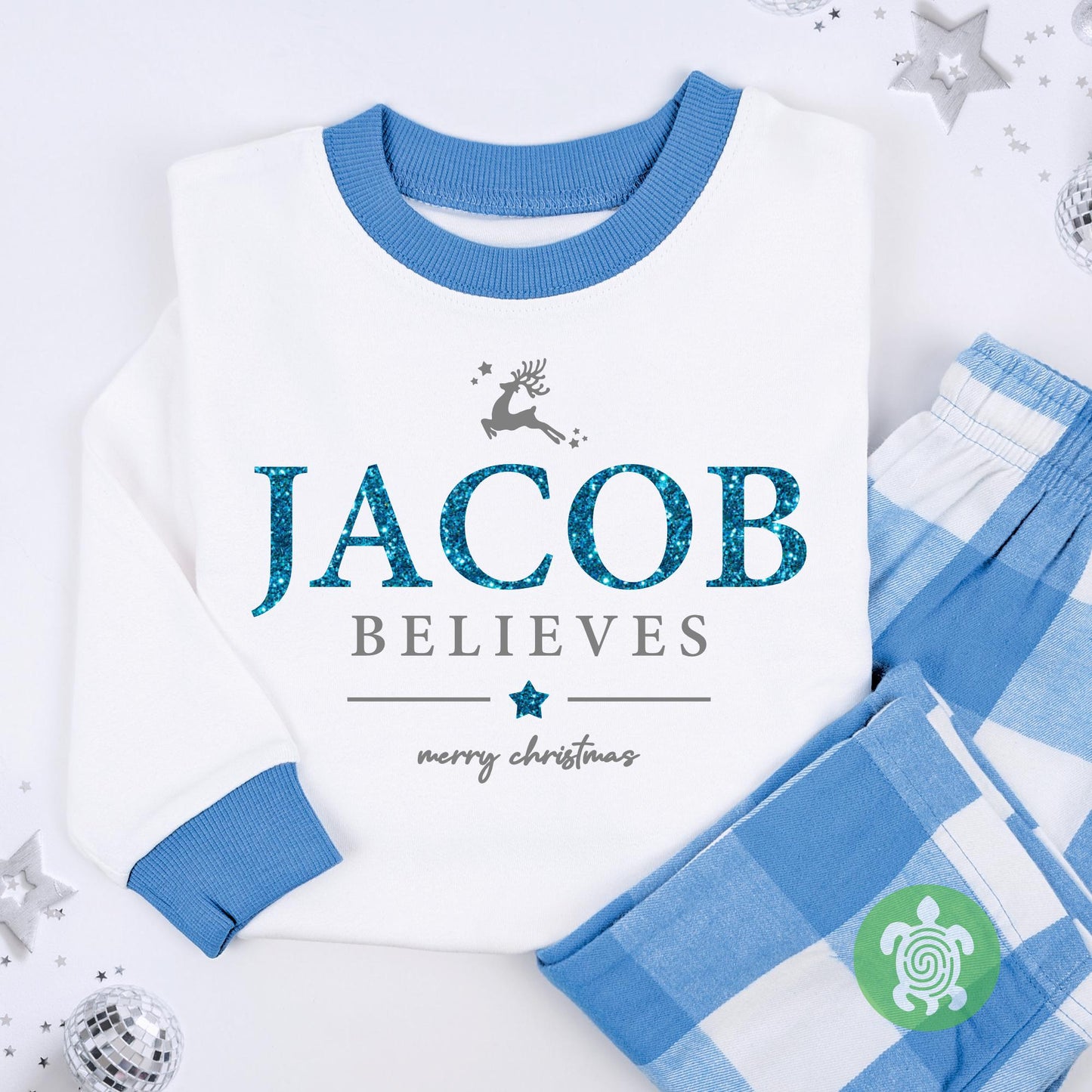 Christmas Luxury Blue Believes Glitter Print Outfit, Festive Pattern, Personalised Clothing Set, Tight-fitting style, Christmas Eve Box